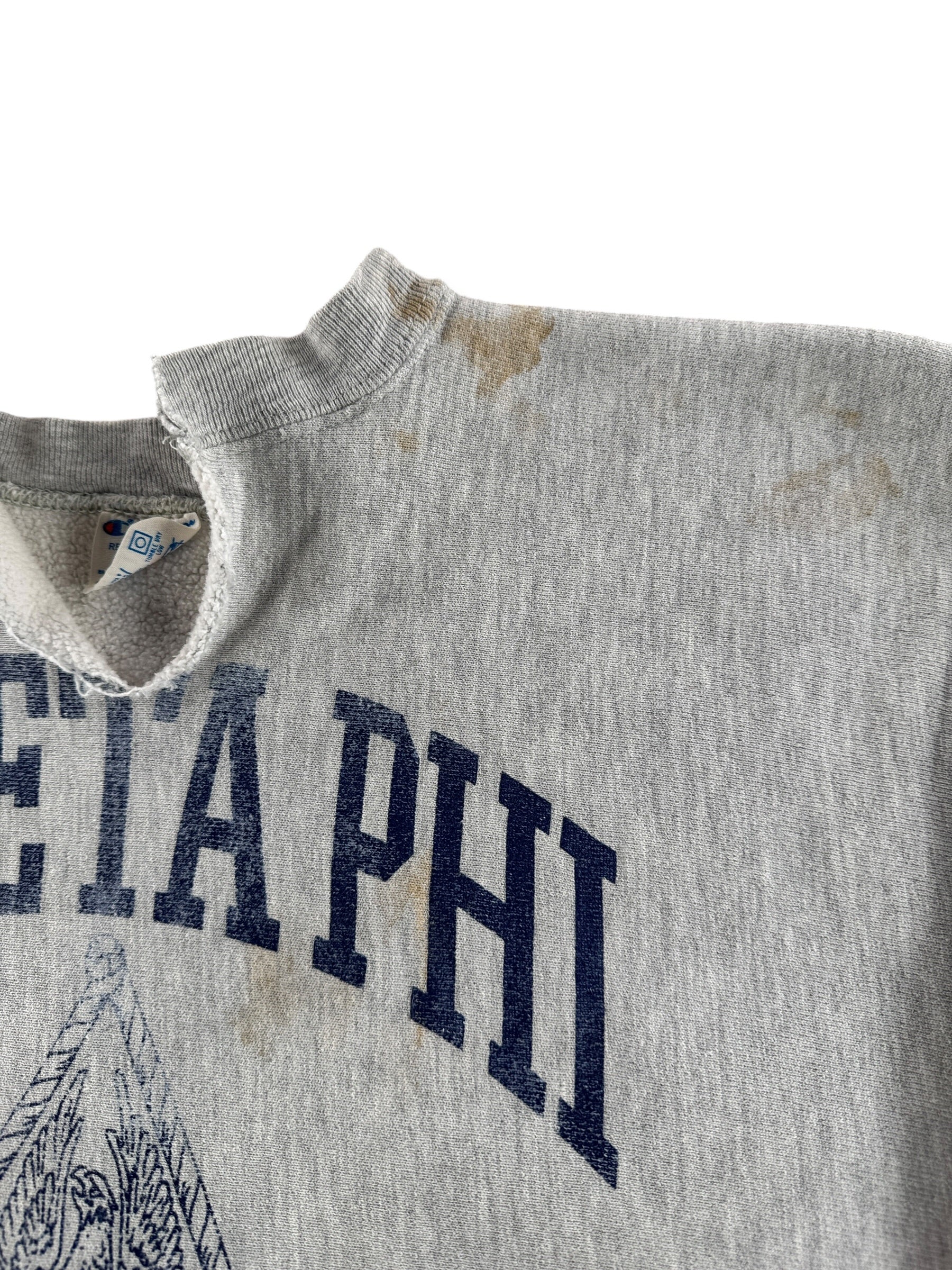 Tag on Vintage 80s Thrashed Frat Champion Reverse Weave Crewneck SZ L