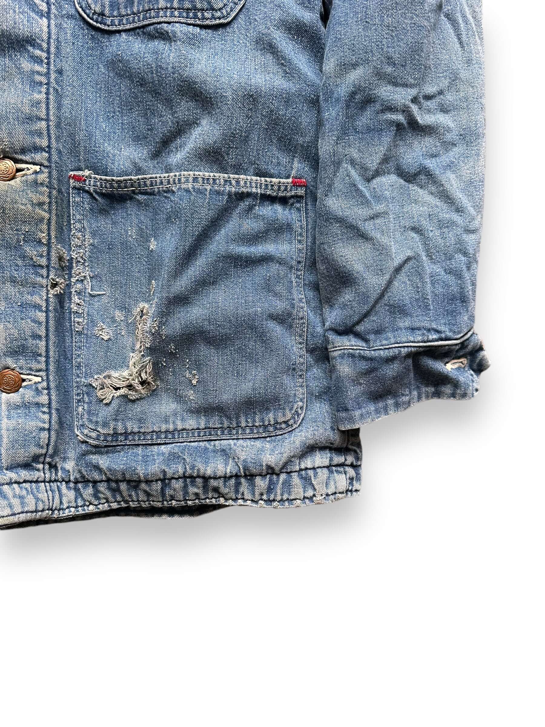 Lower Left Pocket Damage on Vintage Wrangler Blanket Lined Denim Chore Coat SZ 34 | Seattle Vintage Workwear | Barn Owl Vintage Seattle