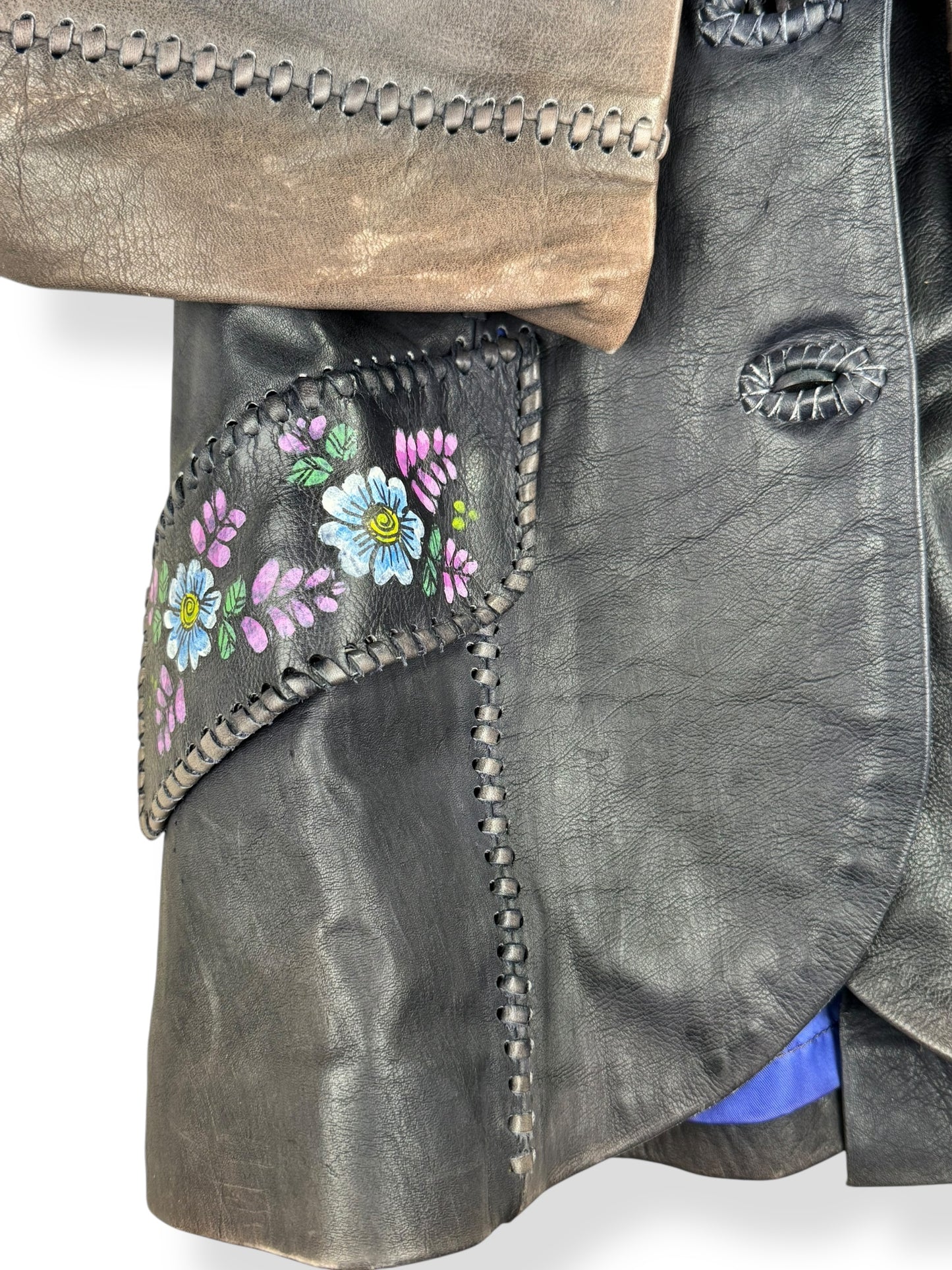 Pocket view of 1970s Char Mexican Hand Painted Leather Jacket M-L