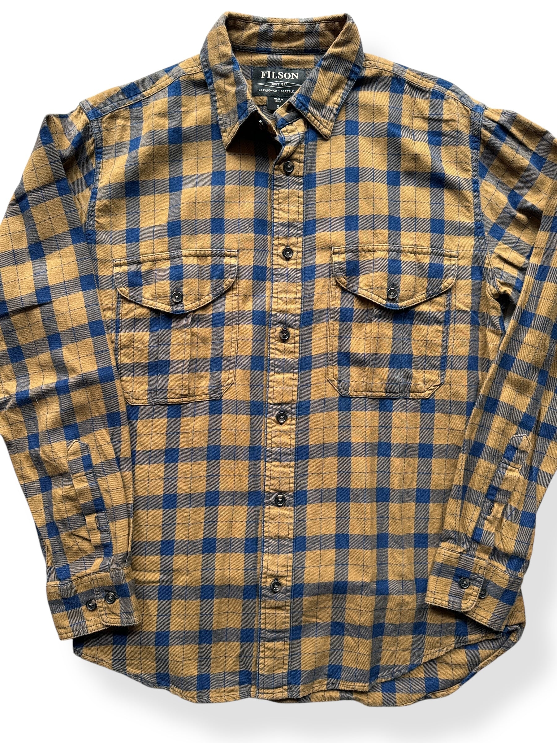 Front Close Up of Filson Brown Blue Plaid Cotton Shirt SZ S