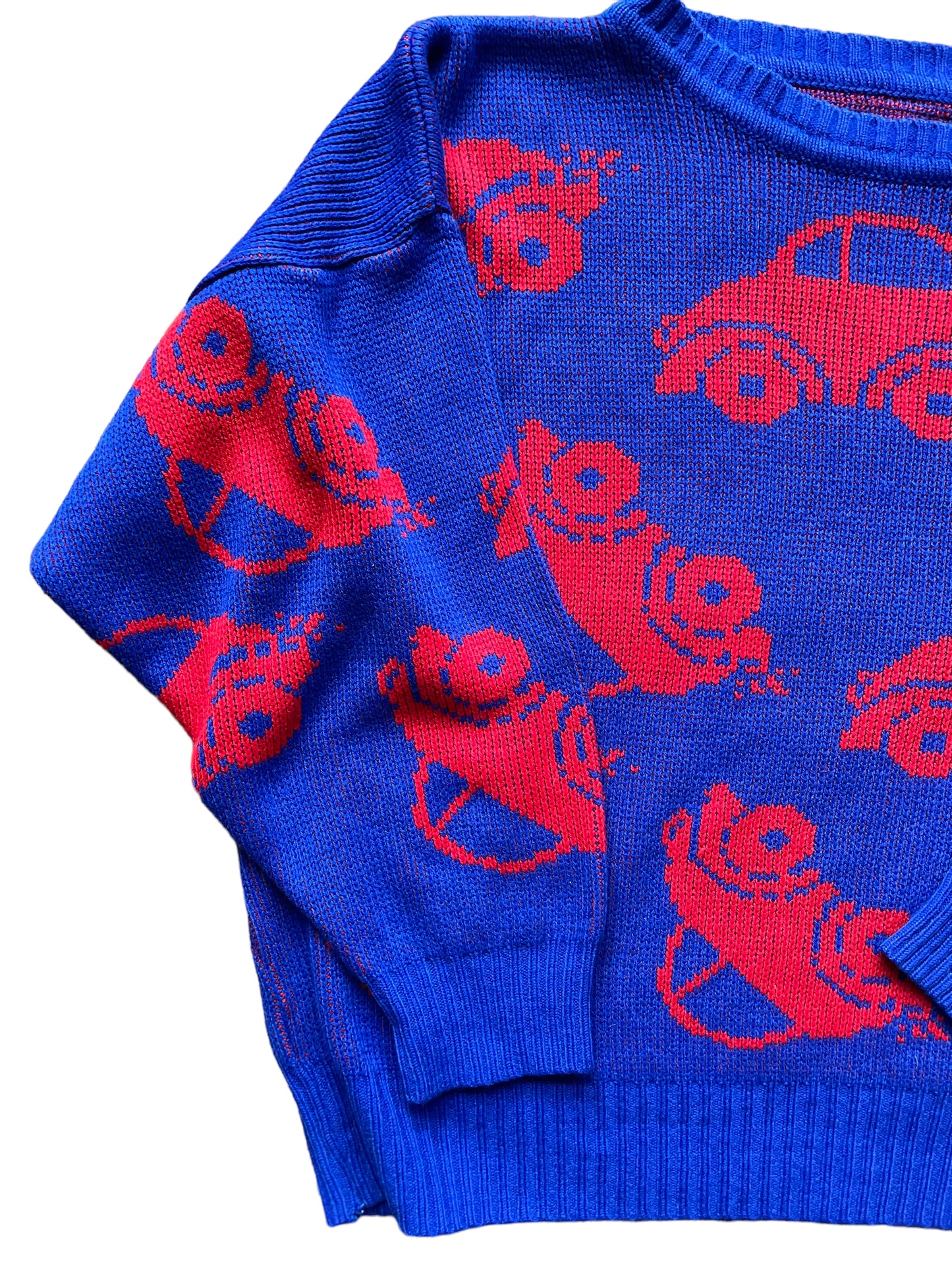 Front right side view of Vintage 1970s Volks Wagen Bug Sweater SZ XL | Barn Owl Sweaters | Seattle Vintage