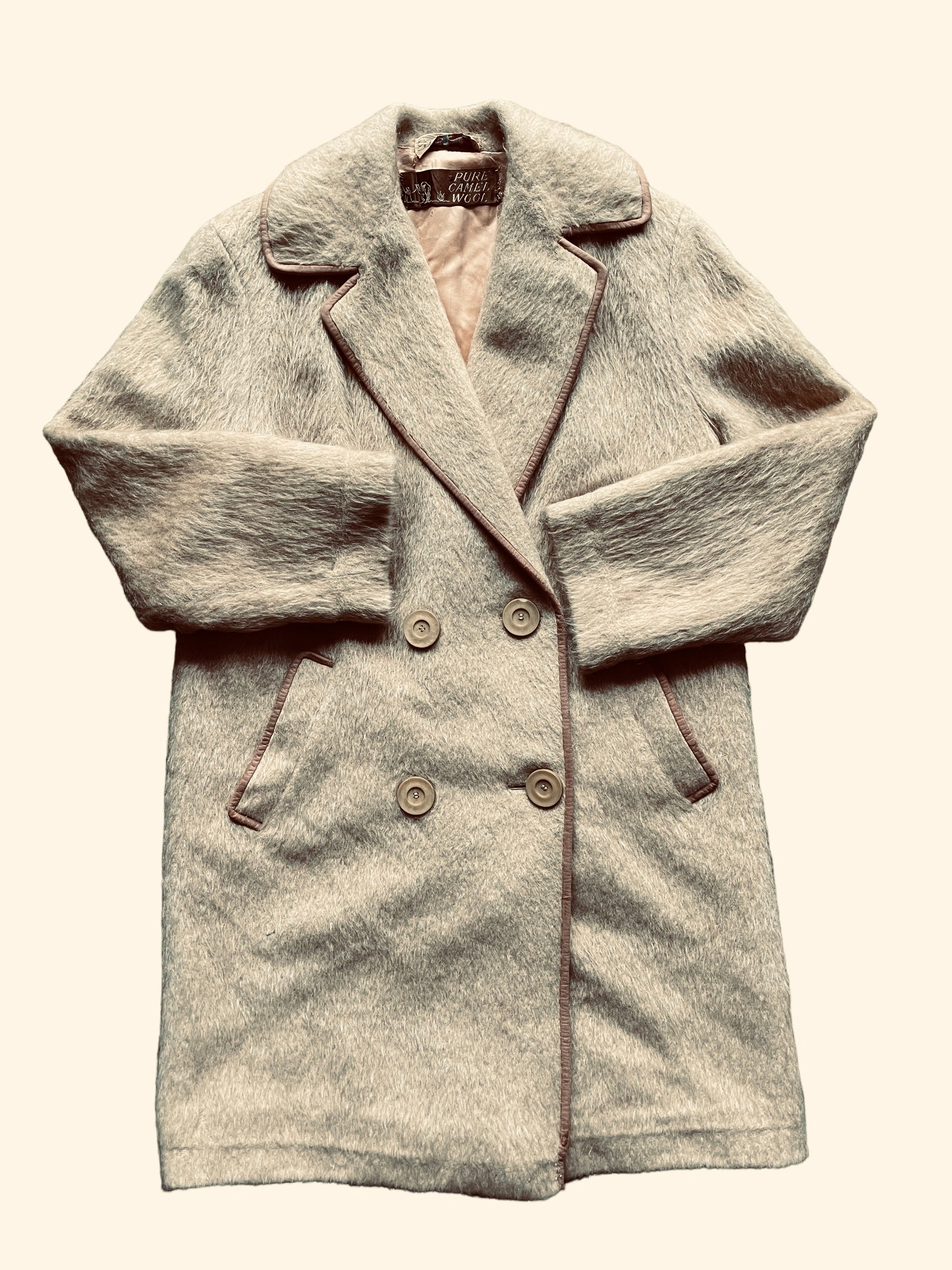 Full front flat lay view of Vintage 1940s J.H.S Camel Wool Mohair Coat | Seattle True Vintage | Barn Owl Vintage Coats