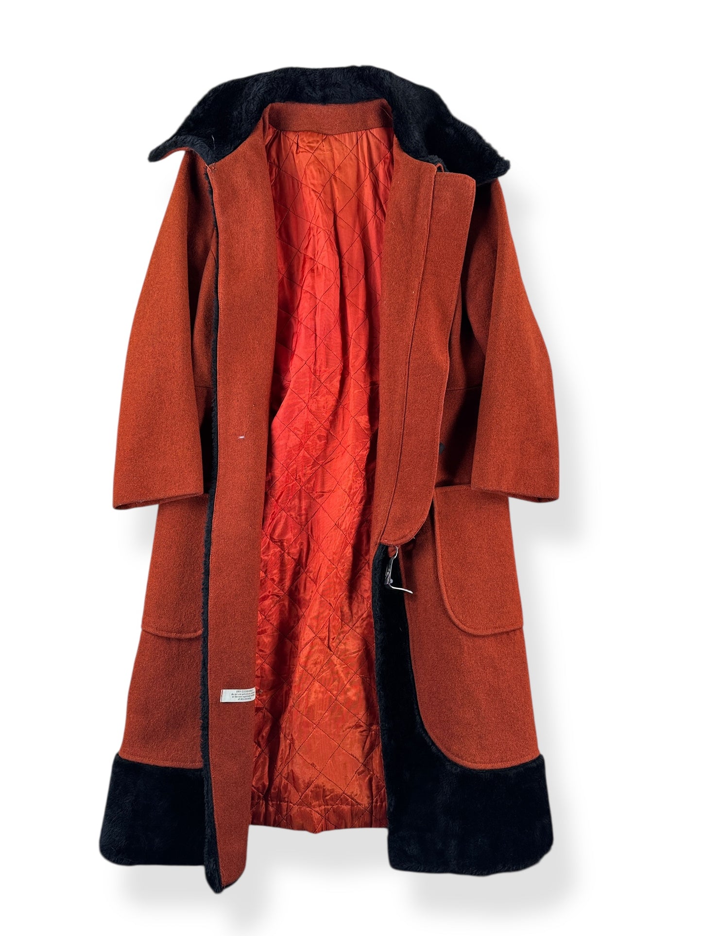 Inside of Vintage 60s Burnt Orange Penny Lane Style Coat w/ Clasps SZ M