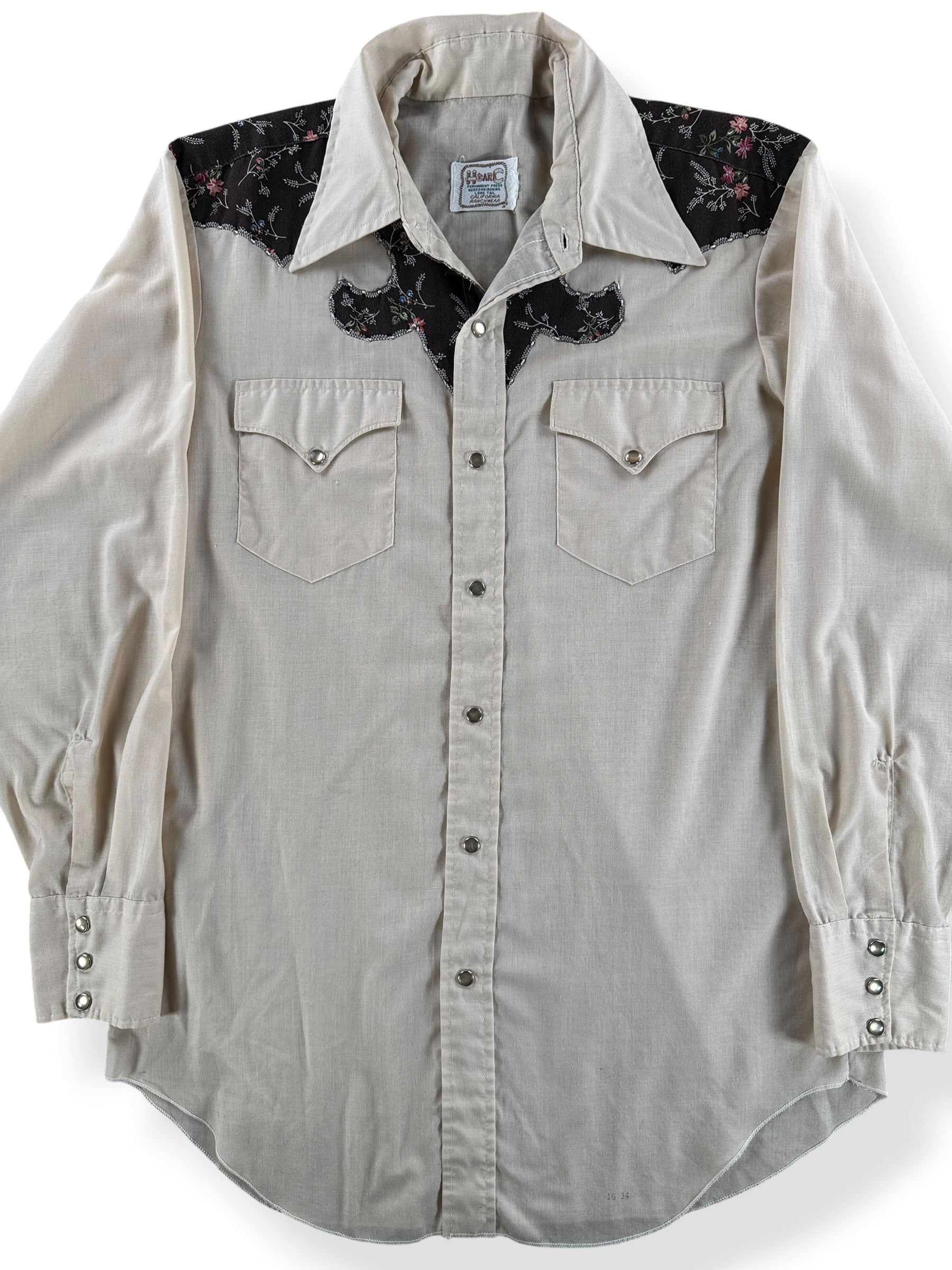 Front Close Up of Vintage H Bar C Western Pearl Snap SZ M