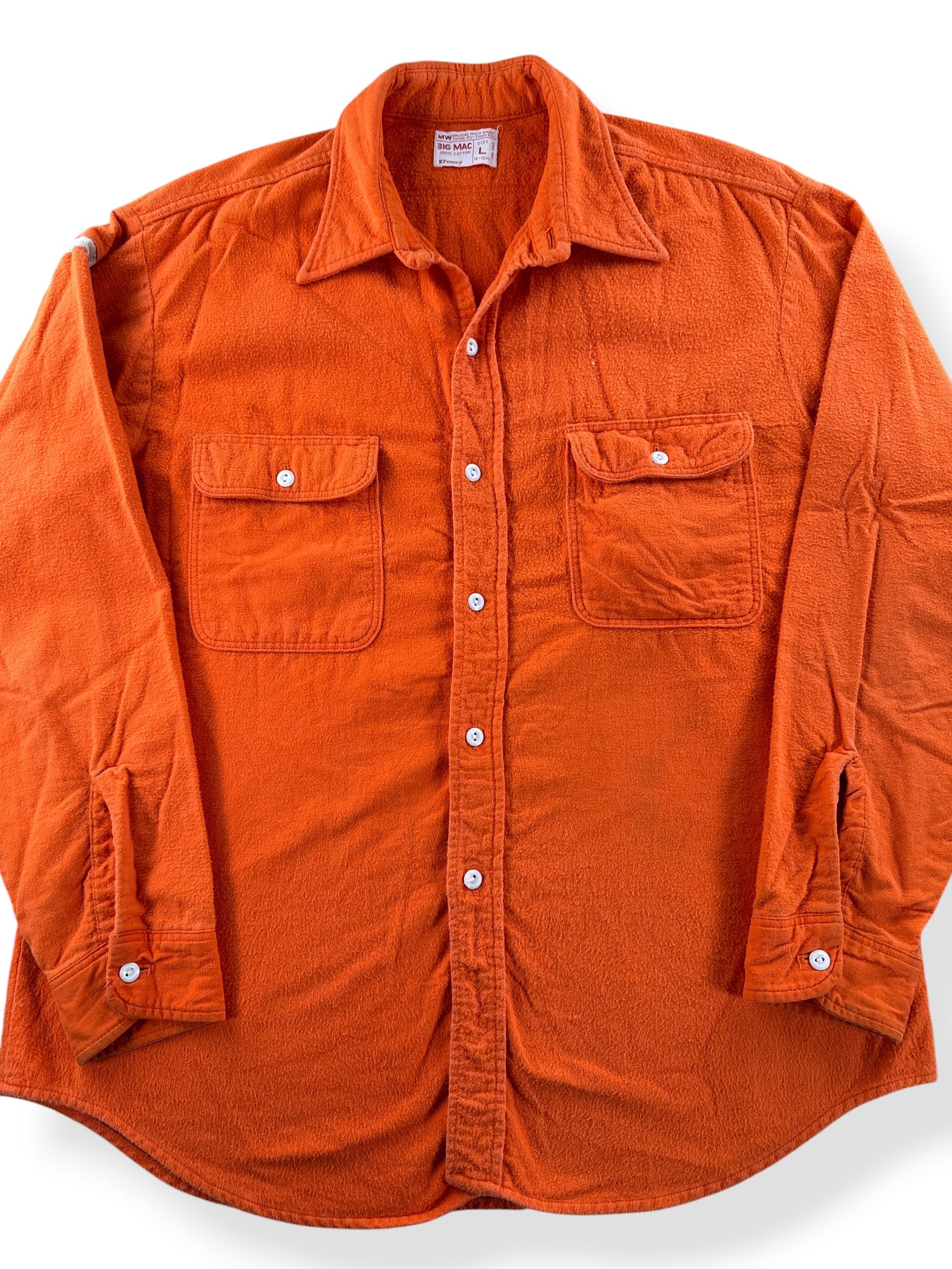 Close-up of Vintage 1980s Big Mac Orange Chamois Cloth Shirt SZ L