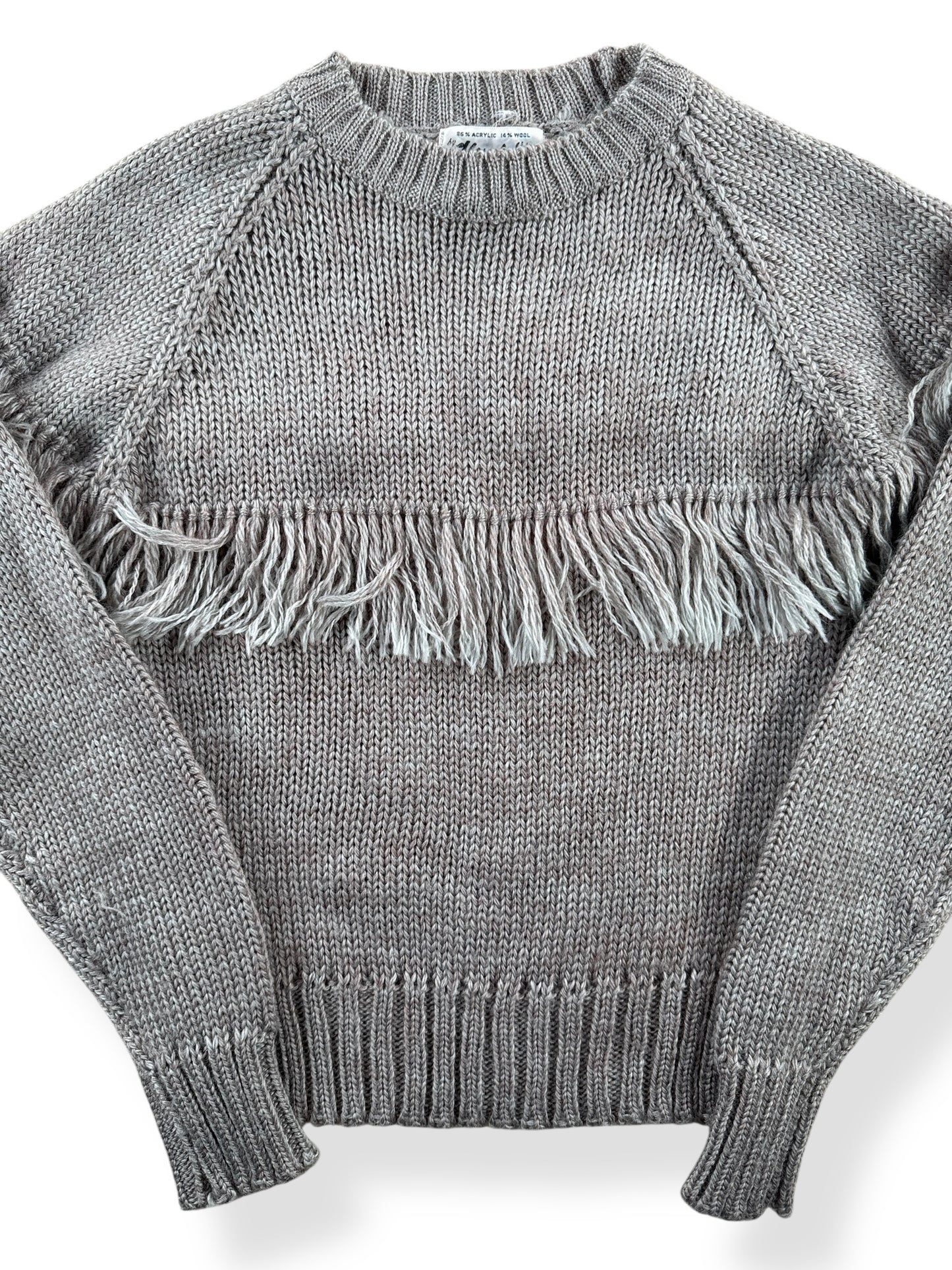 Front Close Up of Vintage Hewlett Fringe Knit Sweater SZ S (Fits XS)