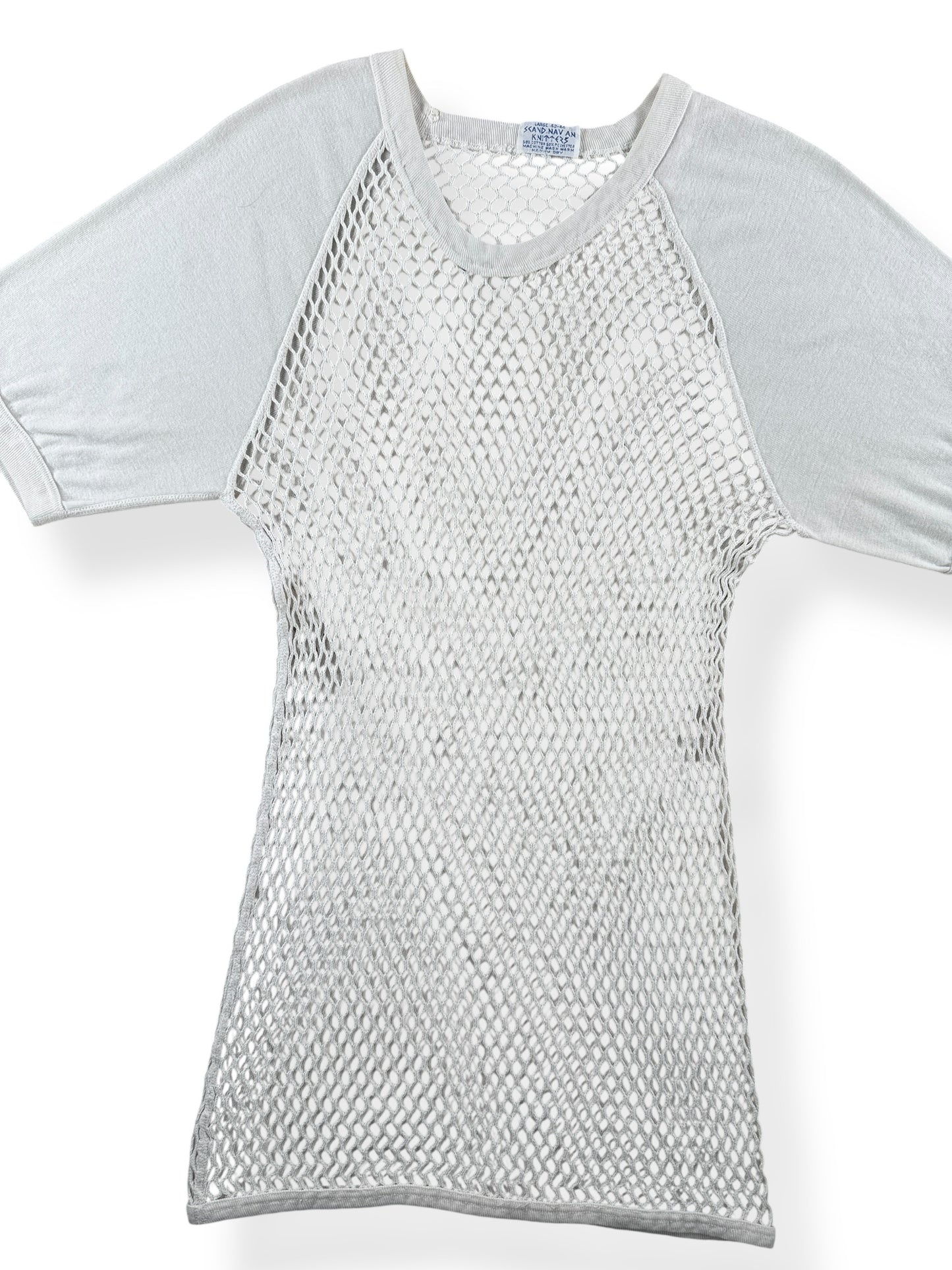 Front Close Up of Vintage Scandinavian Knitters Mesh Top SZ L