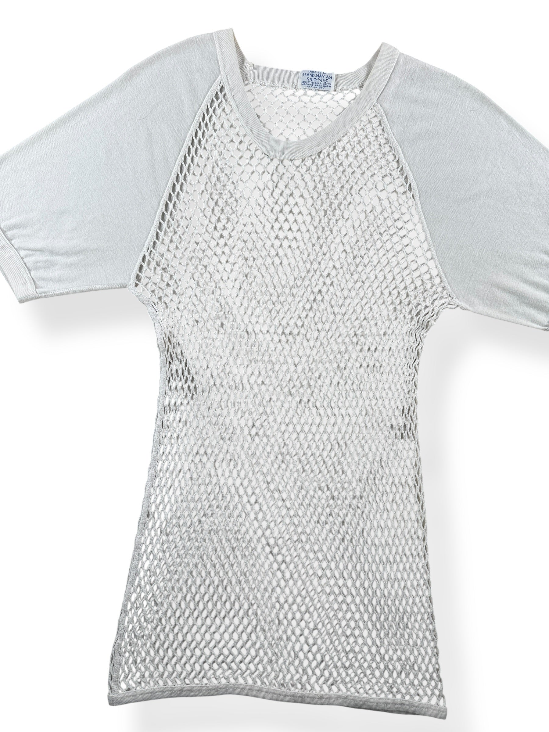 Front Close Up of Vintage Scandinavian Knitters Mesh Top SZ L