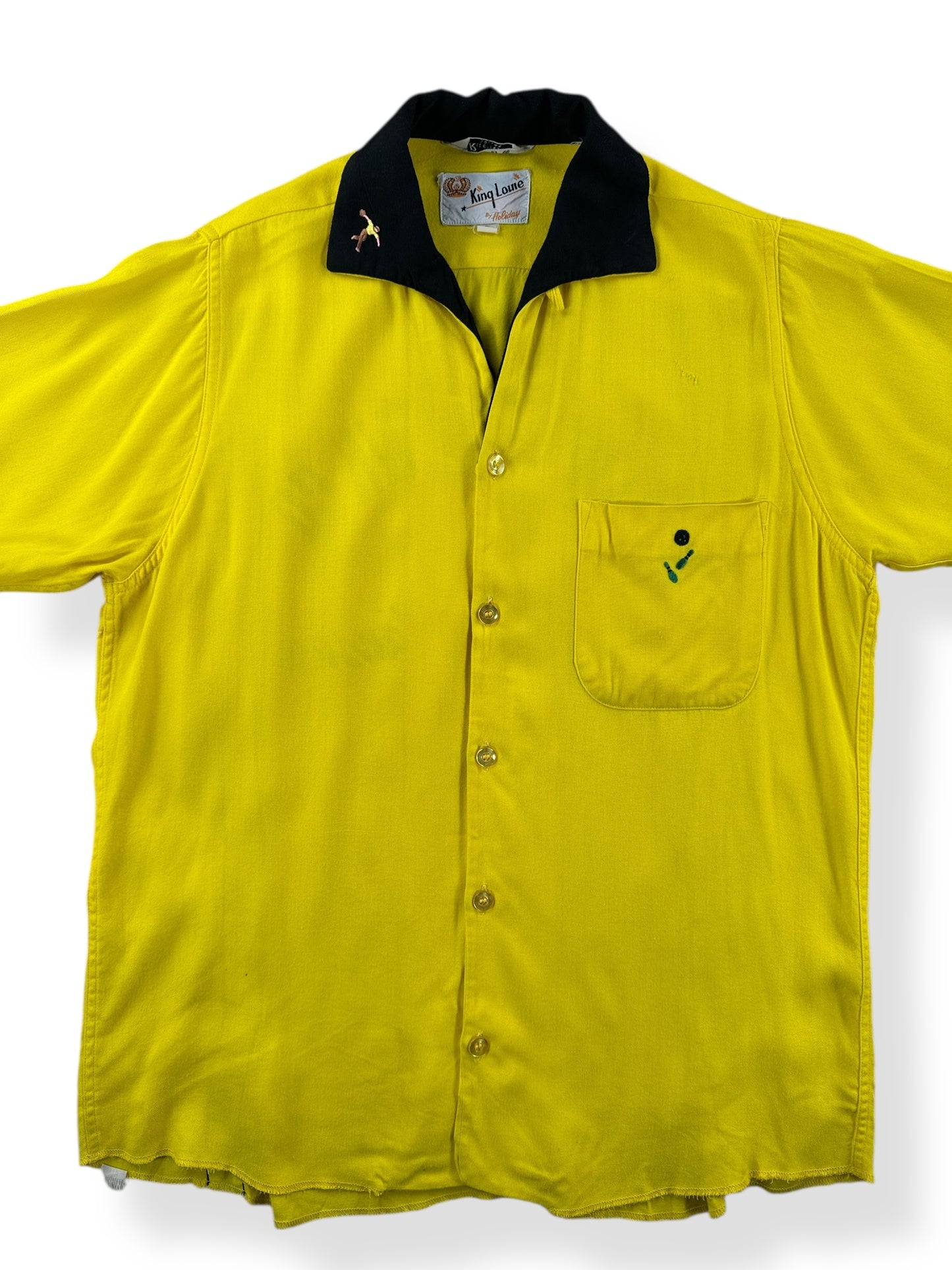 Front Close Up of Vintage Sauder Tank Yellow Bowling Shirt SZ S