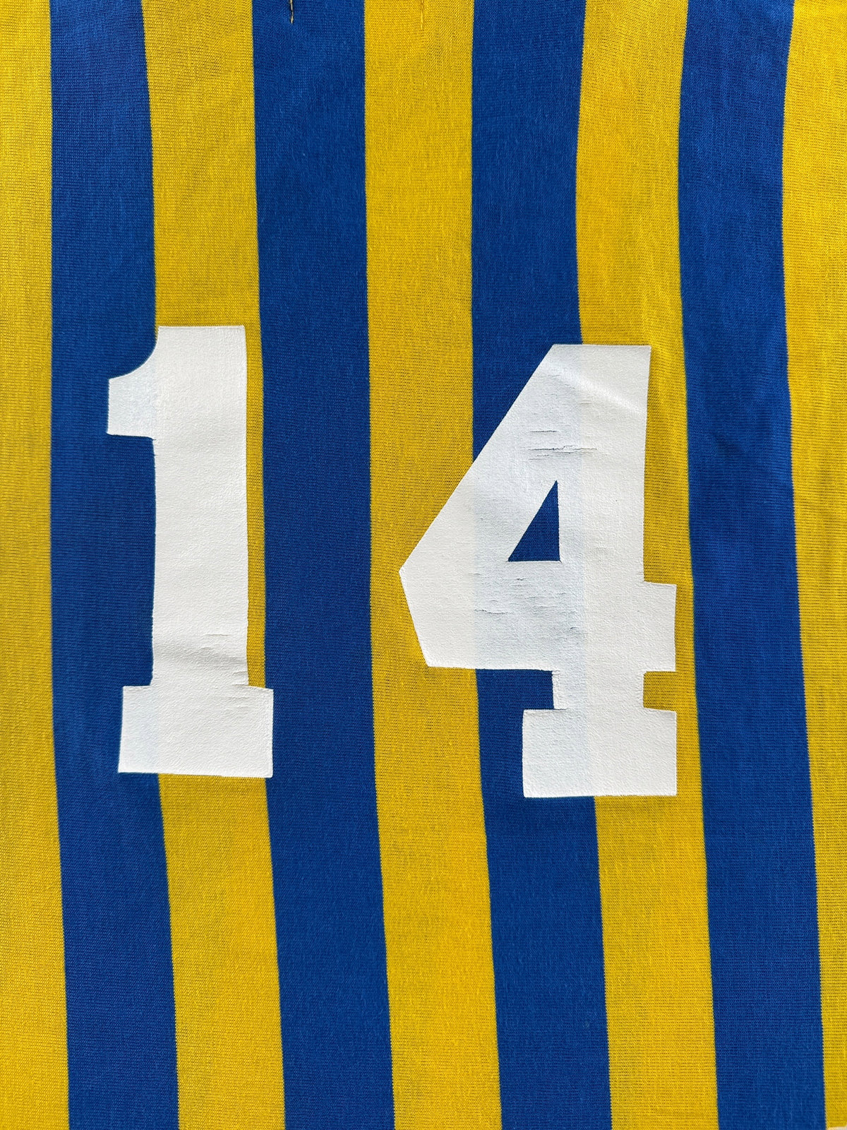 14 on back of Vintage 70s Pele Label Striped Soccer Jersey SZ L (Fits M)