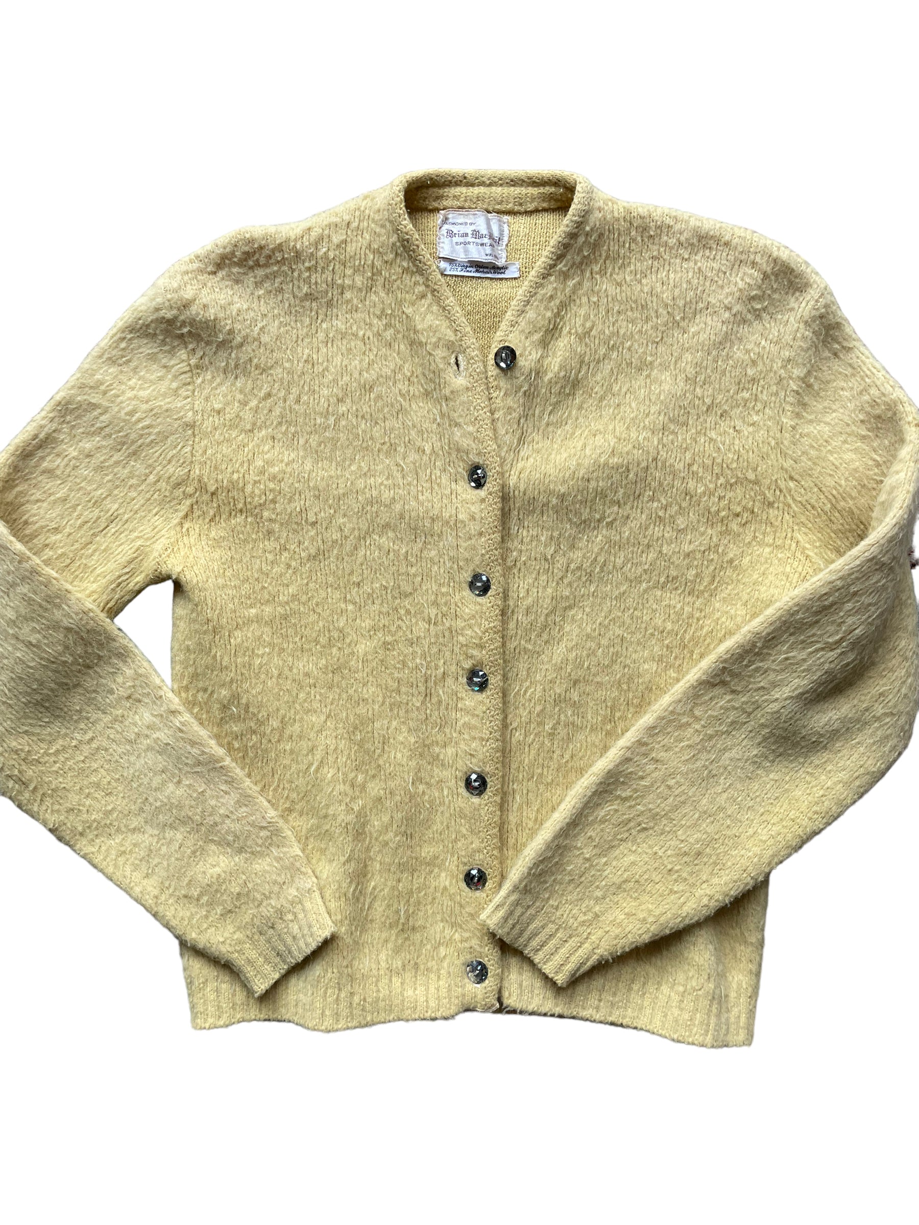 Front view of Vintage 1950s Yellow Orlon Mohair Cardigan | Barn Owl Sweaters | Seattle Vintage