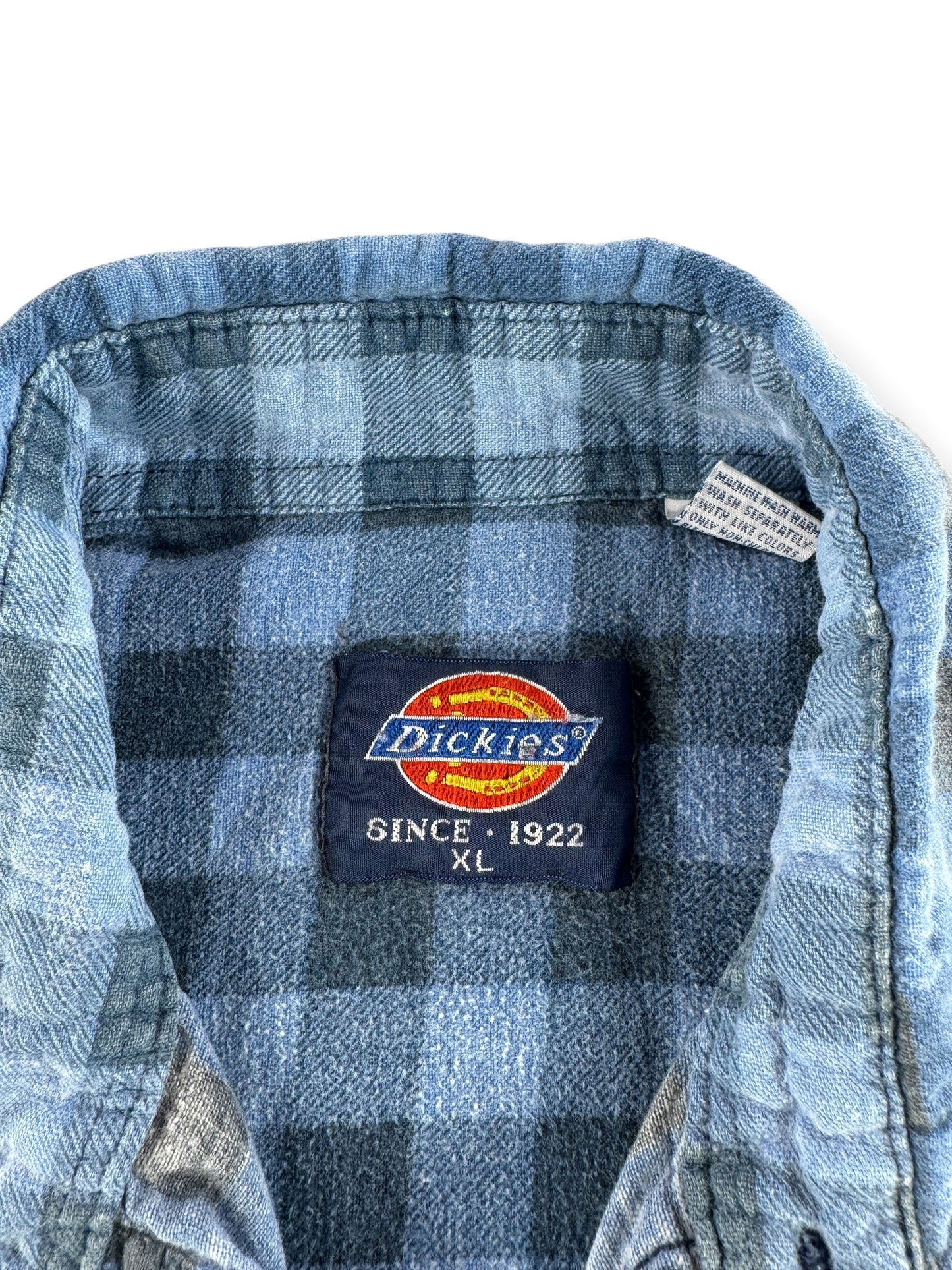 Label on Vintage Dickies Faded Blue Printed Cotton Flannel SZ XL