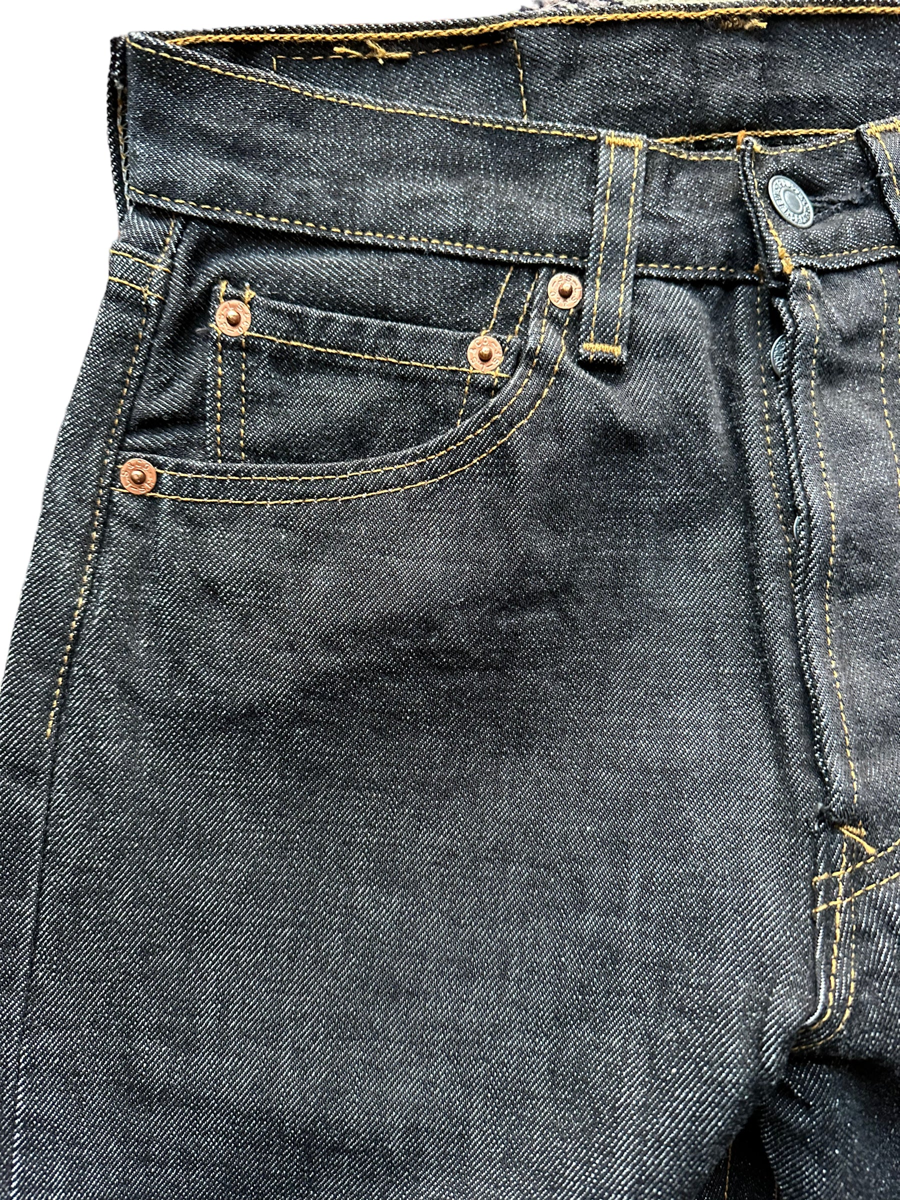 Front right side waist of Deadstock 90s USA Levi's 501 Black Jeans 26x33 | Seattle Deadstock Vintage Jeans | Barn Owl Vintage Denim