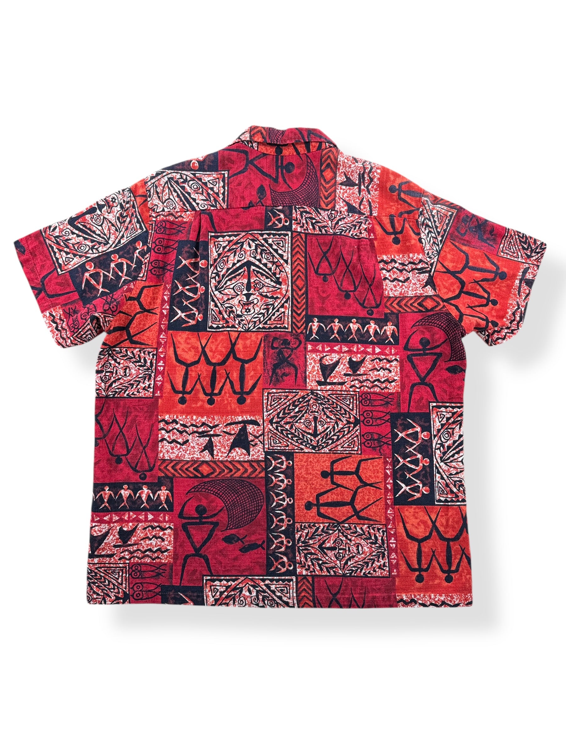 Back of Vintage Red + Orange Print Barkcloth Aloha Shirt SZ L