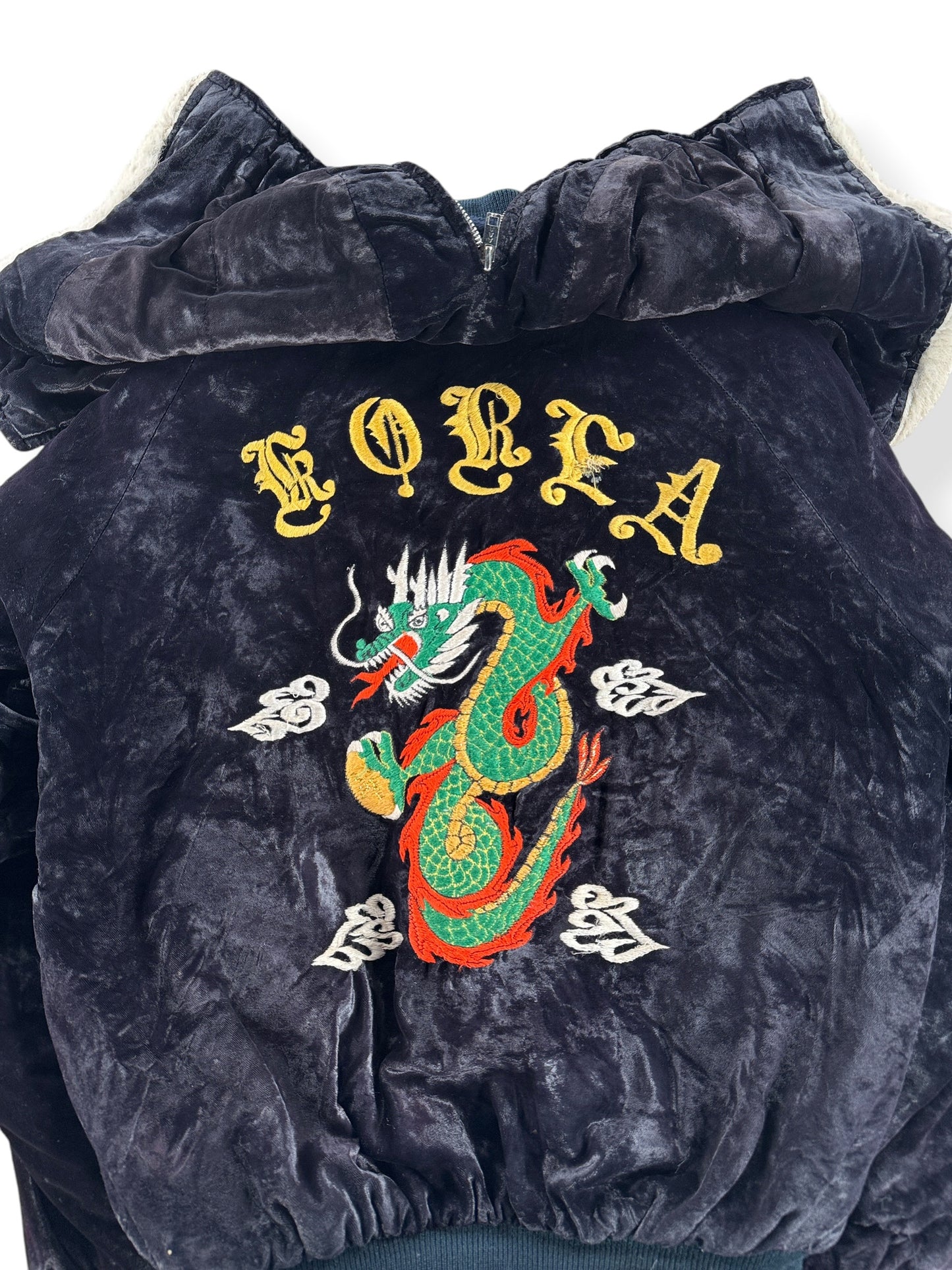 Back Embroidery on Vintage Velvet Korea Hooded Souvenir Jacket SZ M - AS IS