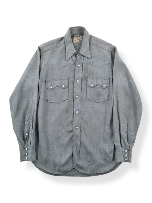 Front of Vintage Pincheck Tex Style Gabardine Pearl Snap Shirt SZ S AS IS