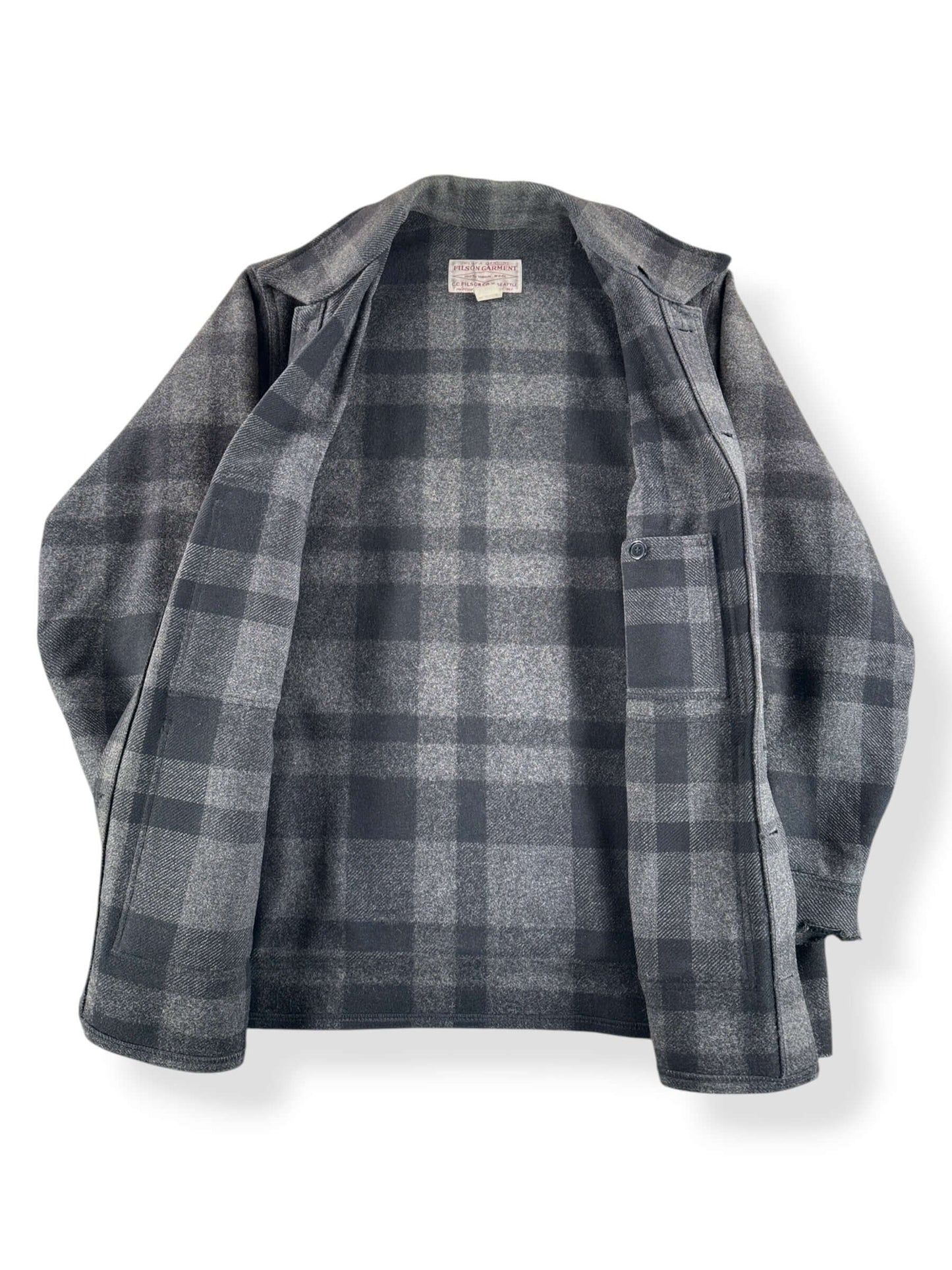 Inside of Vintage 90s Era Filson Black & Charcoal Mackinaw Cruiser Jacket SZ XXL