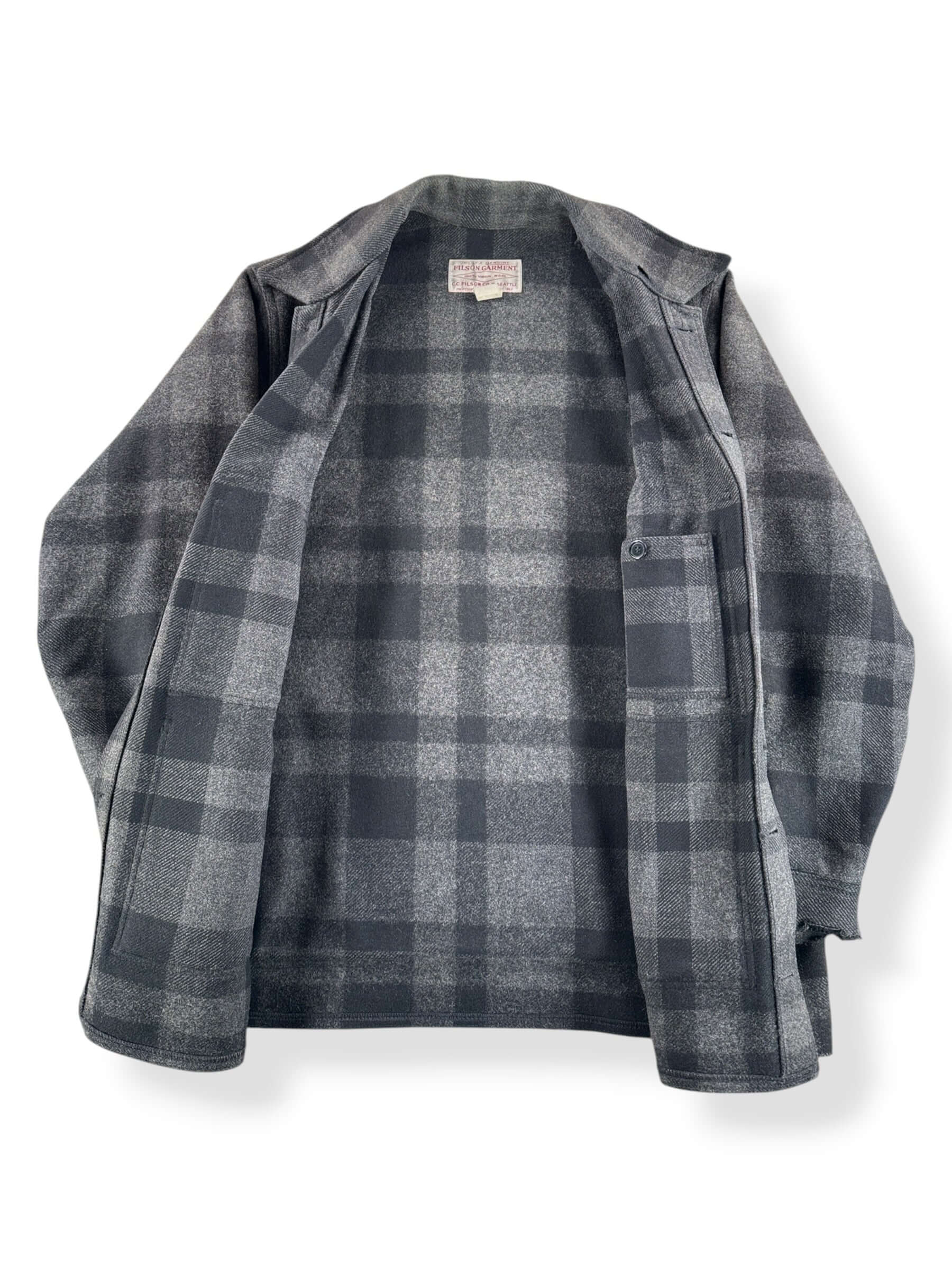 Inside of Vintage 90s Era Filson Black & Charcoal Mackinaw Cruiser Jacket SZ XXL
