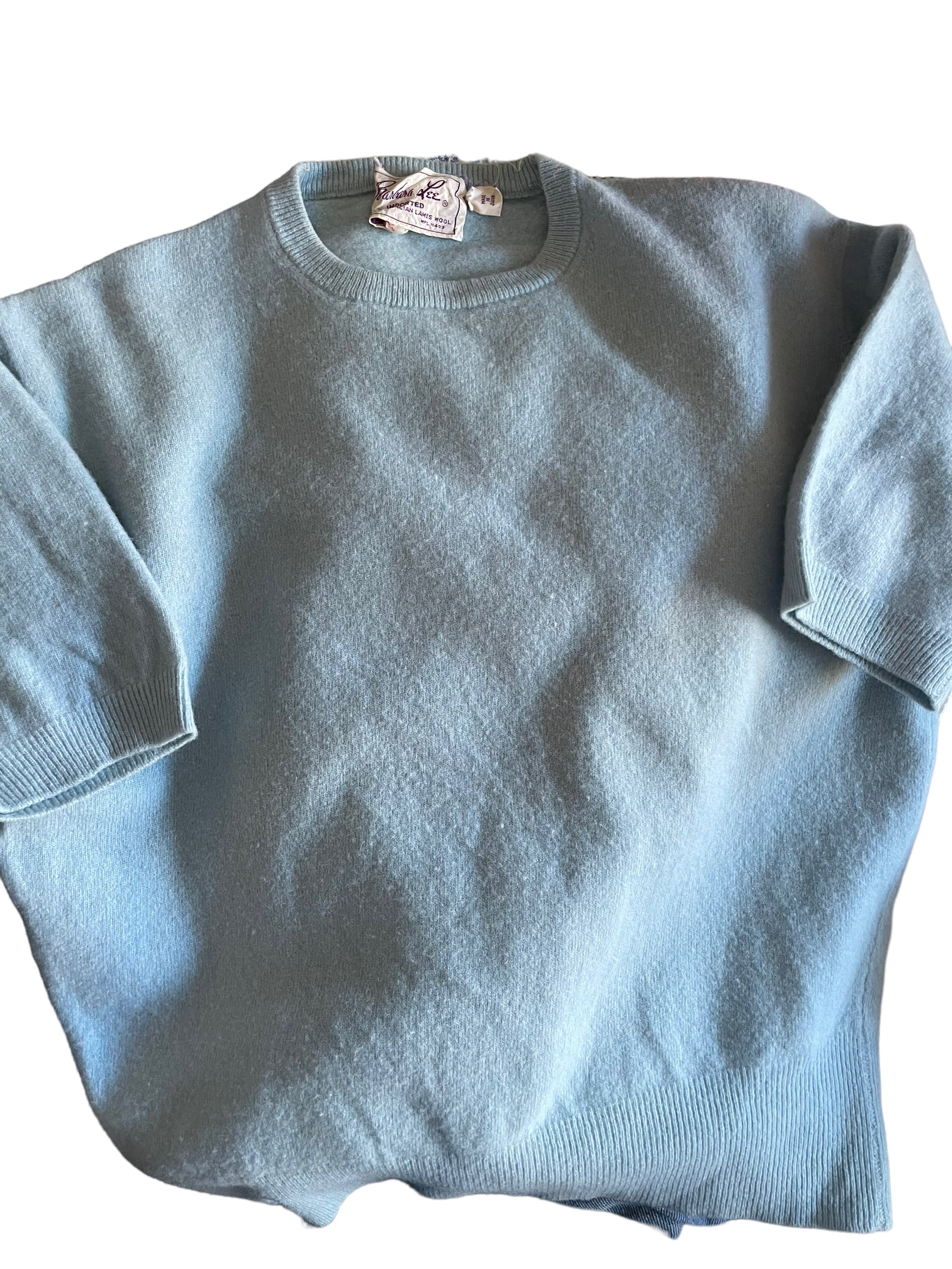 Front flat lay view of Vintage 1950s Blue Short Sleeve Lamb's Wool Sweater | Seattle Vintage Sweaters | Barn Owl Vintage