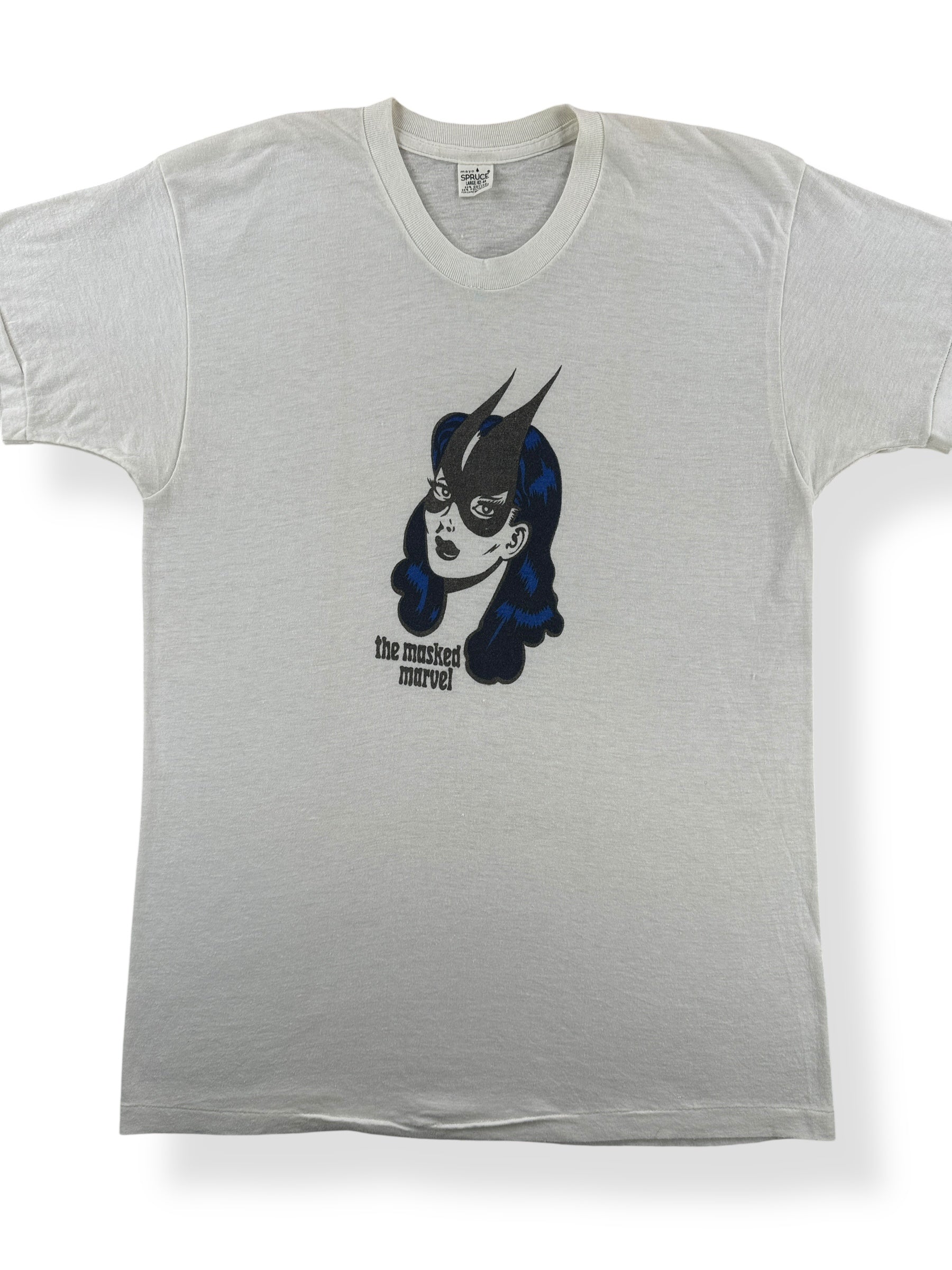 Front Close Up of Vintage The Masked Marvel Tee SZ M