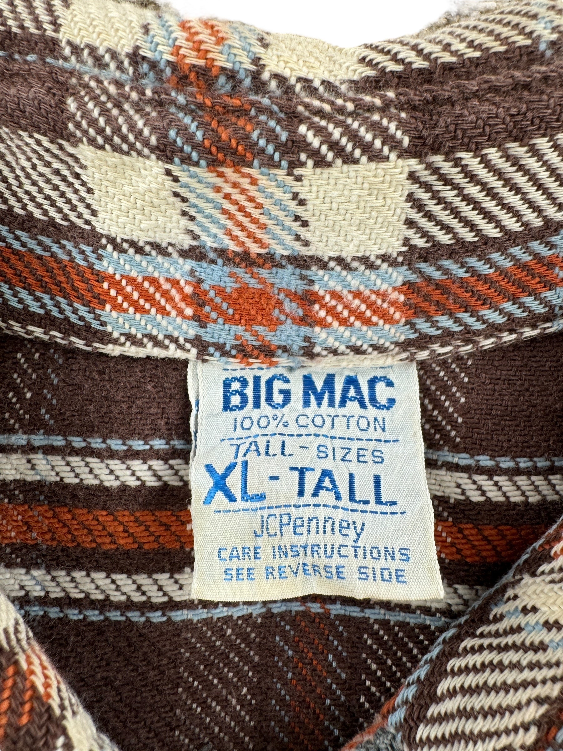 Tag on Vintage Brown Orange Plaid Big Mac Cotton Flannel SZ XL Tall