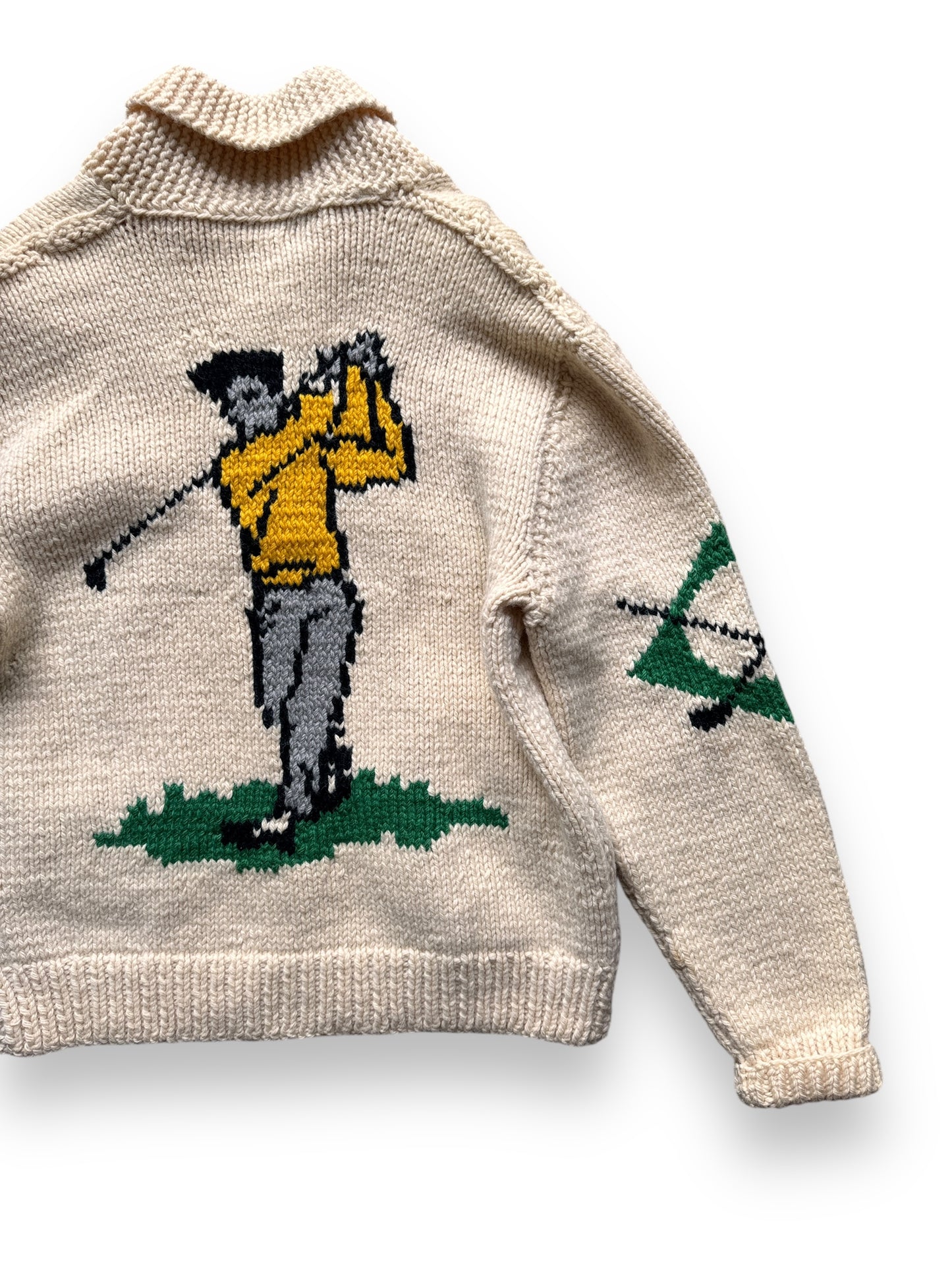 back right of Vintage Golf Themed Cowichan Style Sweater SZ L