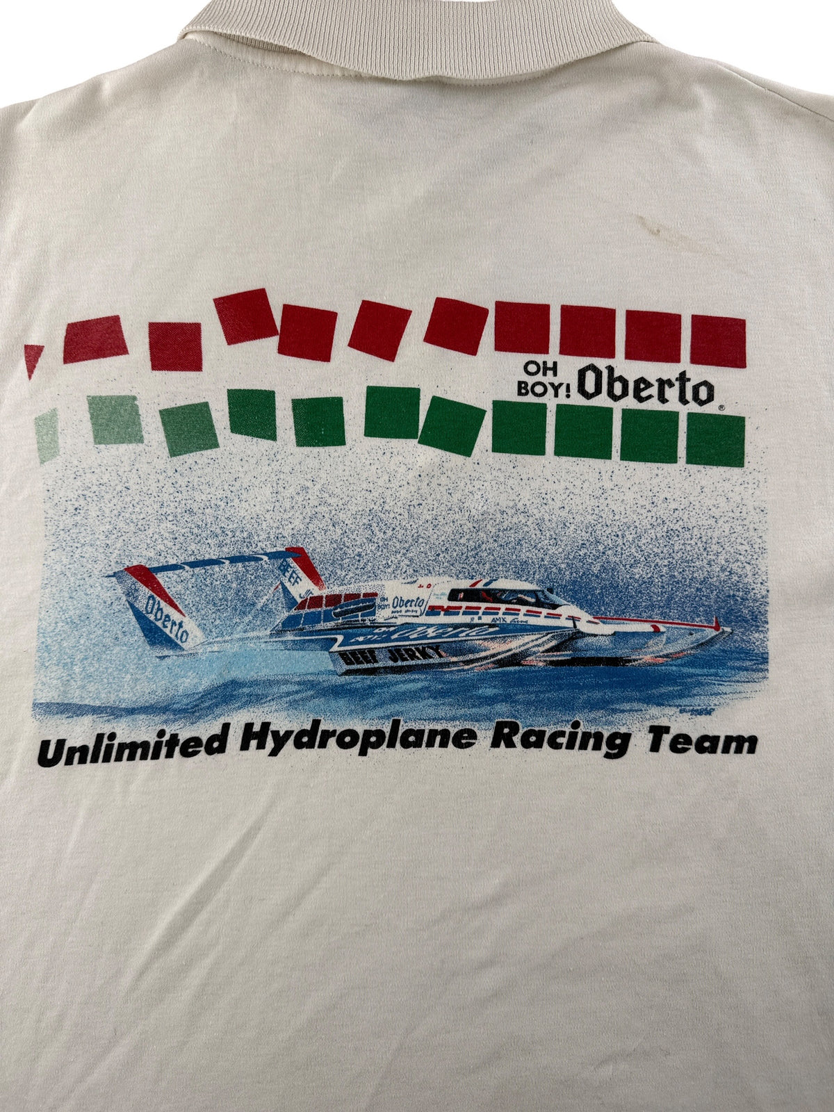 Back graphic on Vintage Oh Boy! Oberto Hydroplane Racing Polo SZ L