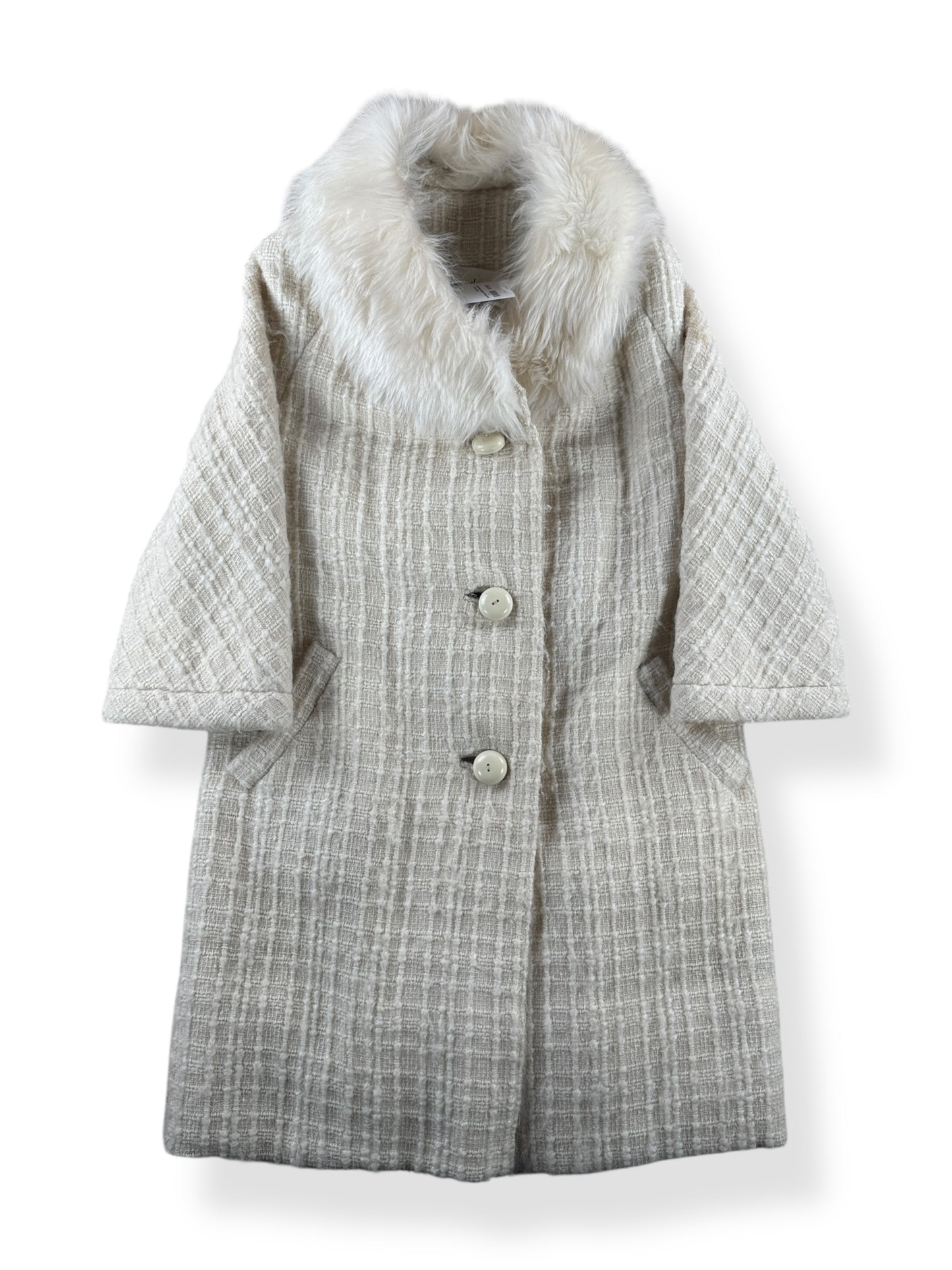 Front of Vintage 60s Best's Apparel White Coat w/ Fur Collar SZ L