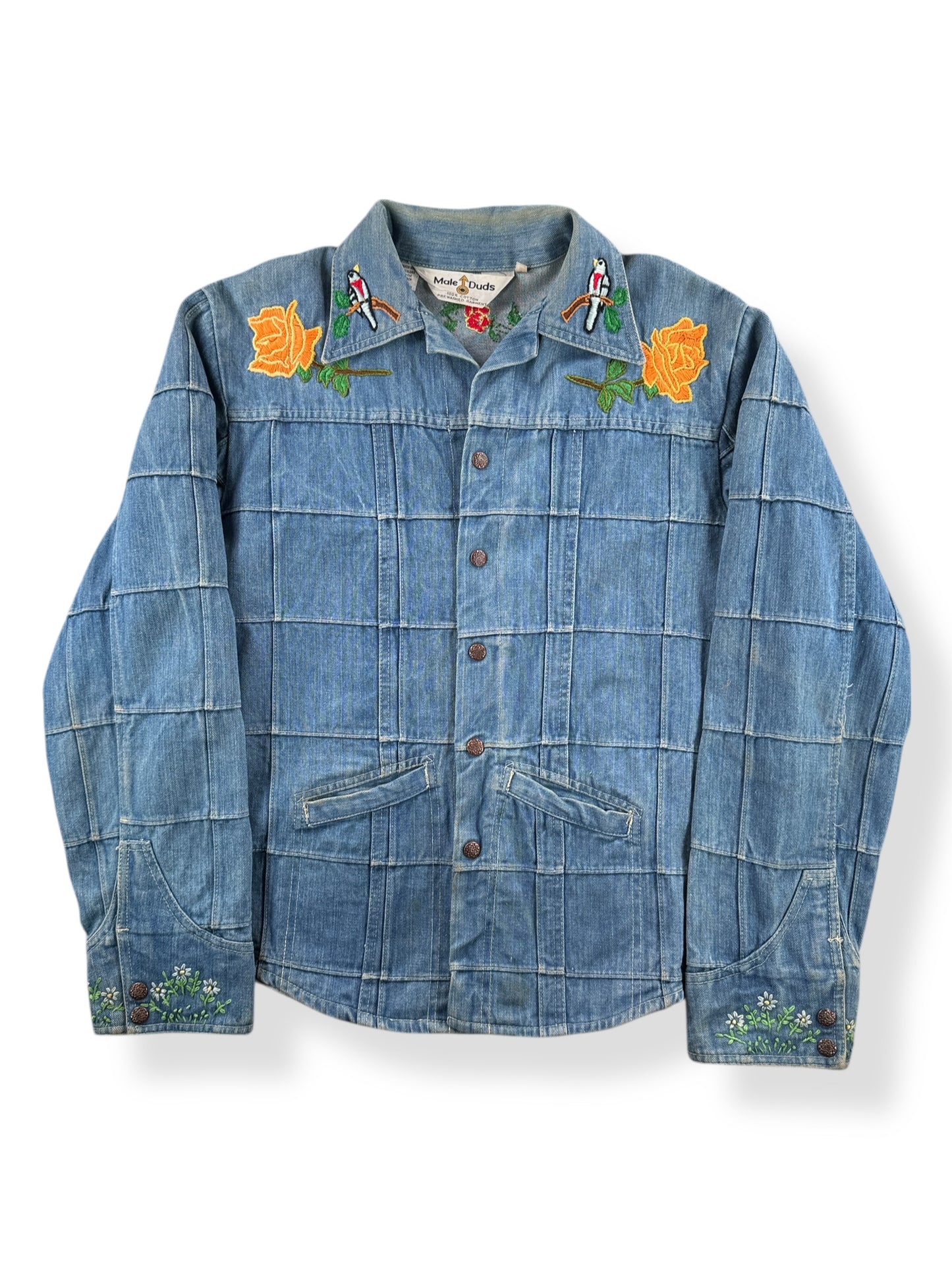 Front of Vintage Male Duds Embroidered Denim Patchwork Jacket SZ L (Fits M)