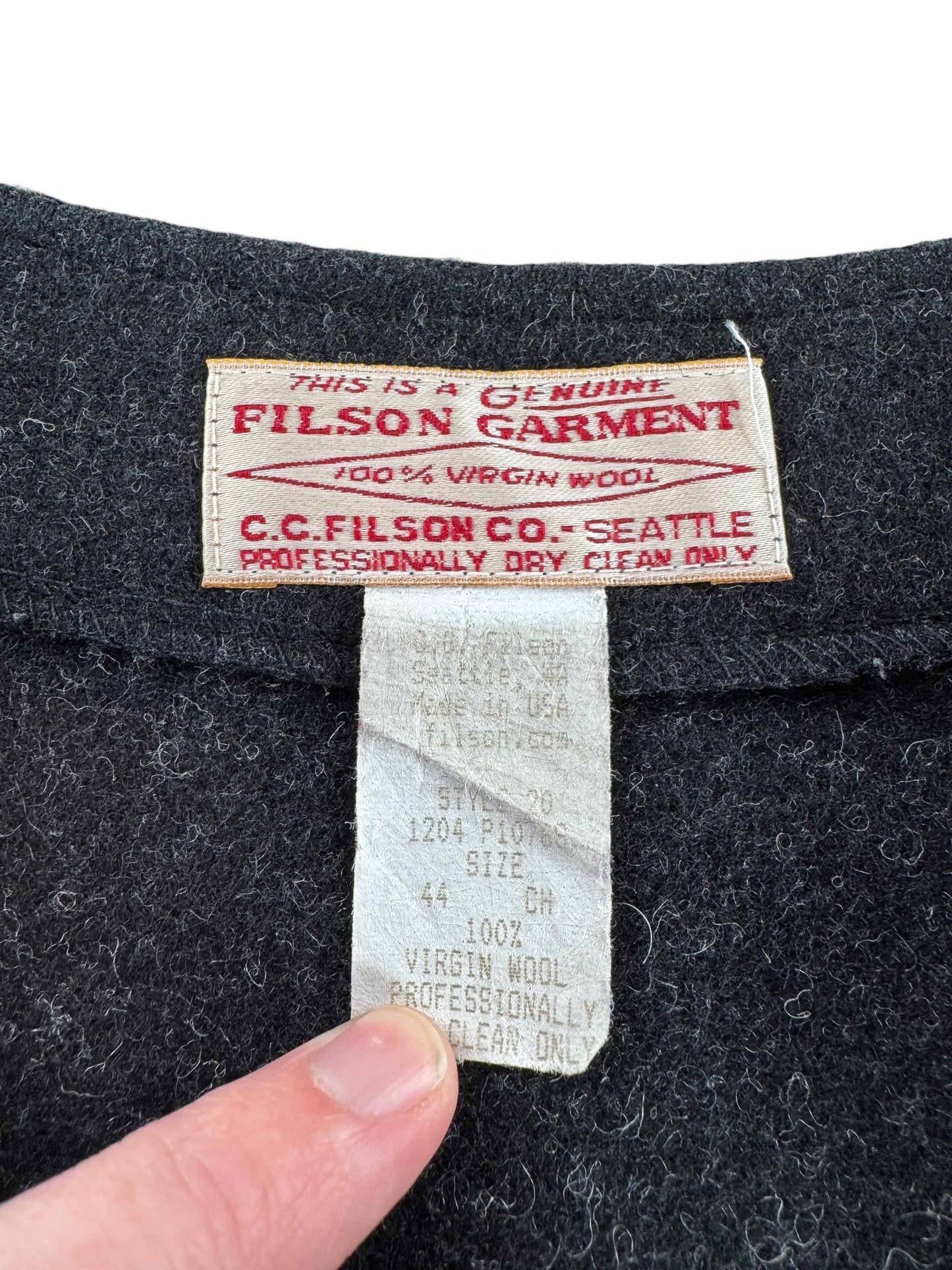 Tag on Vintage Filson Black Style 20 Wool Vest SZ 44