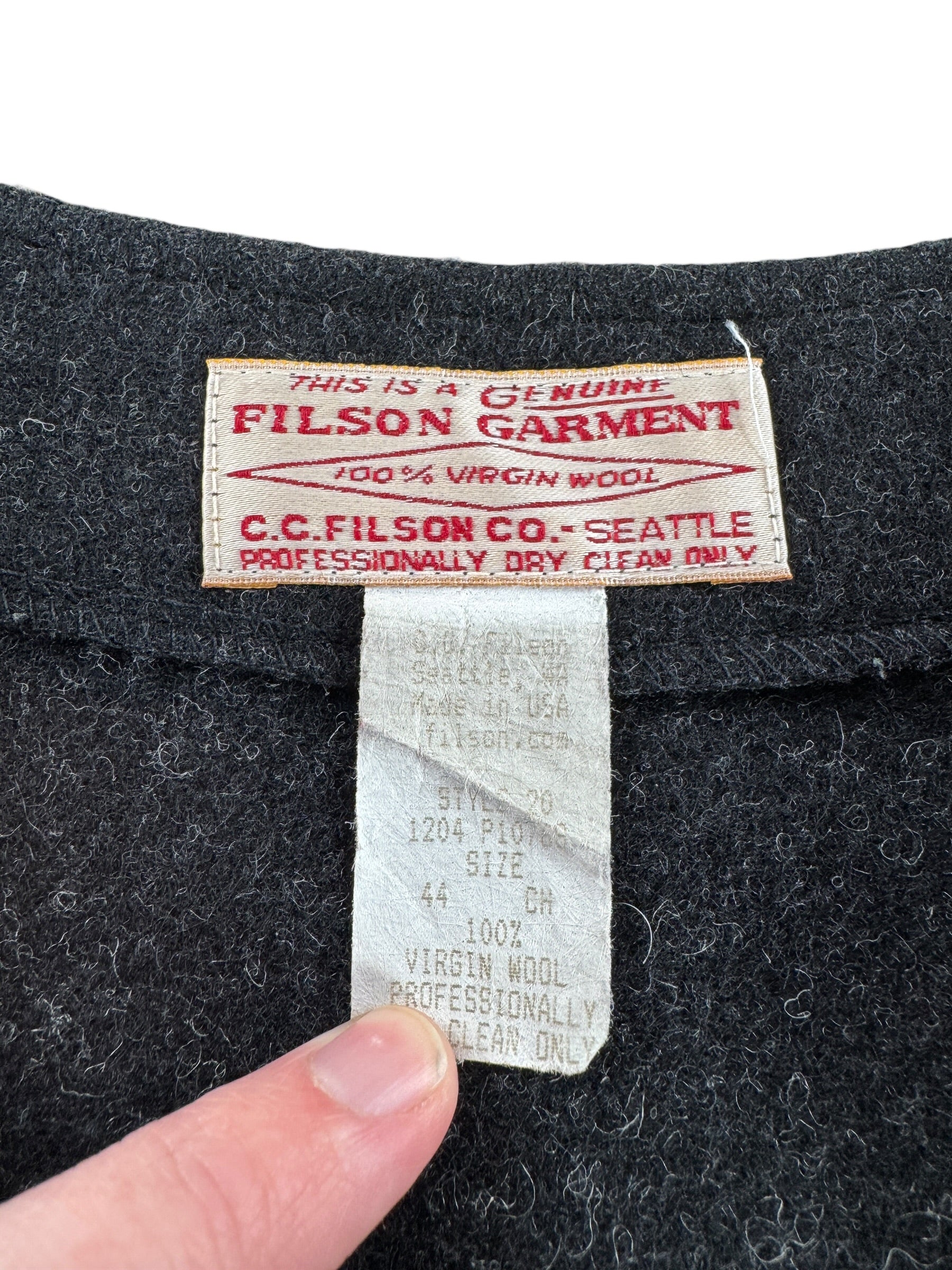 Tag on Vintage Filson Black Style 20 Wool Vest SZ 44