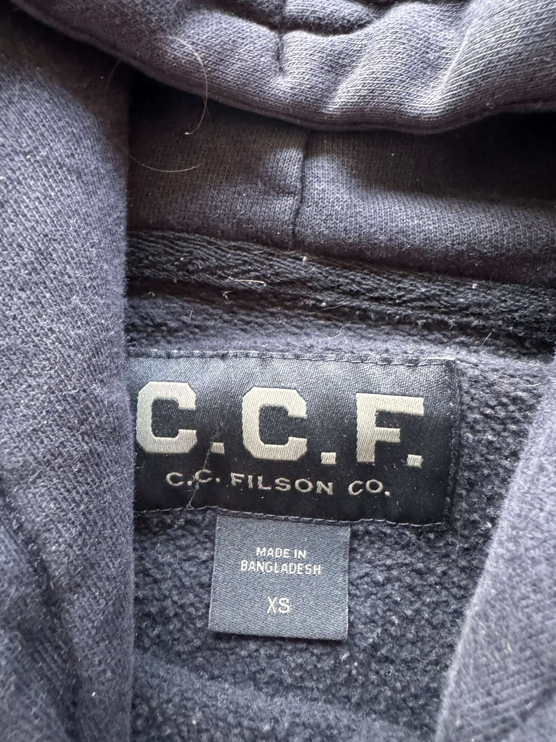 Label on Filson Black CCF Pullover Hoodie SZ XS