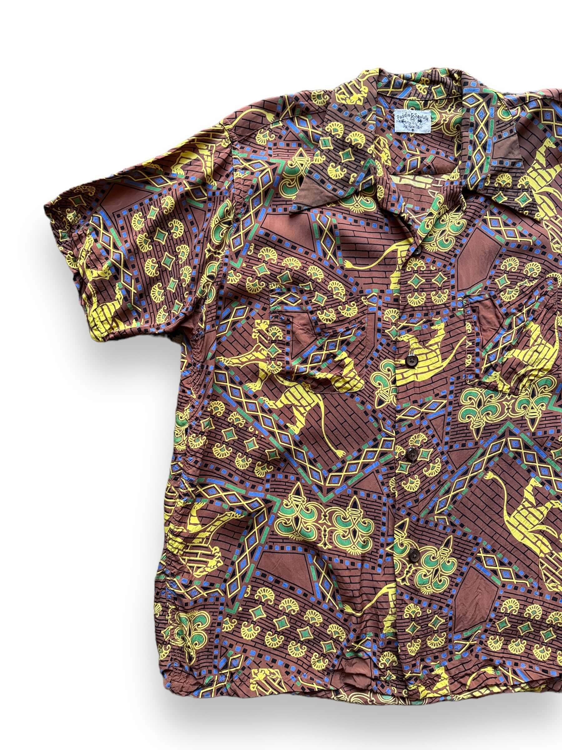 front right of Vintage Paddle and Saddle Abstract Rayon Aloha Shirt SZ M