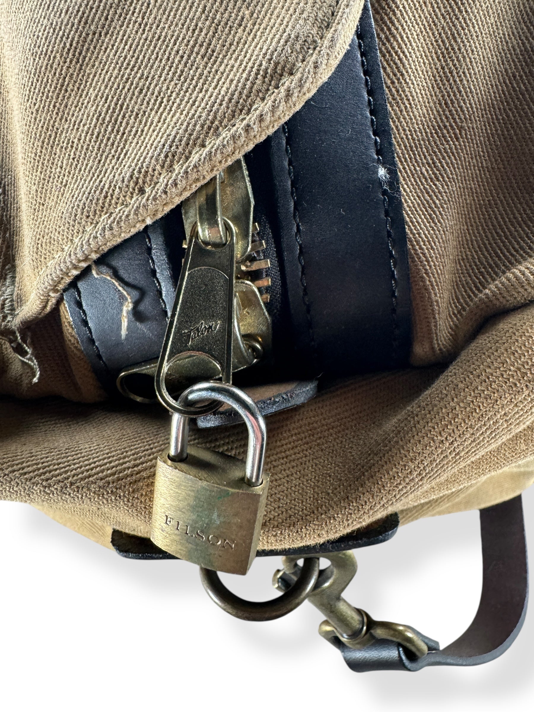 Talon Zipper Pulls on Vintage Filson Talon Era Rugged Twill Medium Duffle