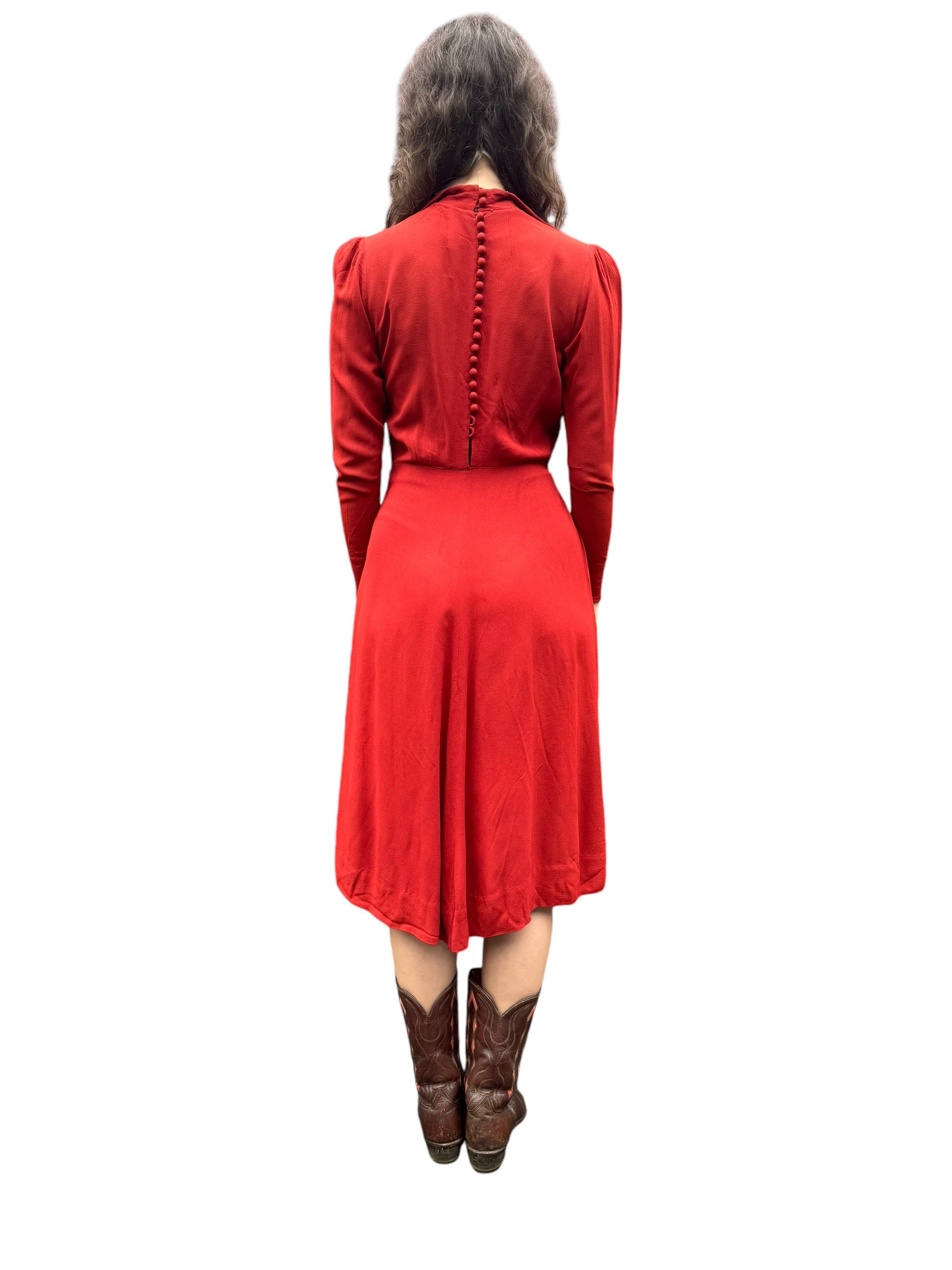 Back model view of 1930s-40s Red Rayon Back button Dress S