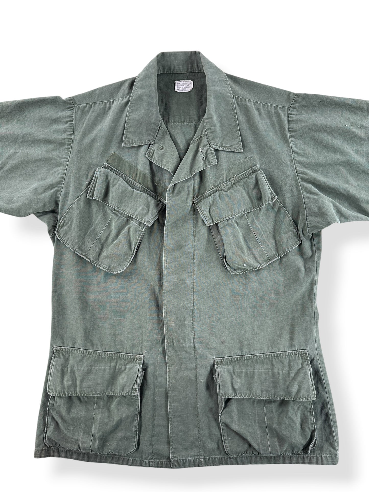 Front Close Up of Vintage Vietnam Era Rip Stop OG107 Short Sleeve Shirt SZ S
