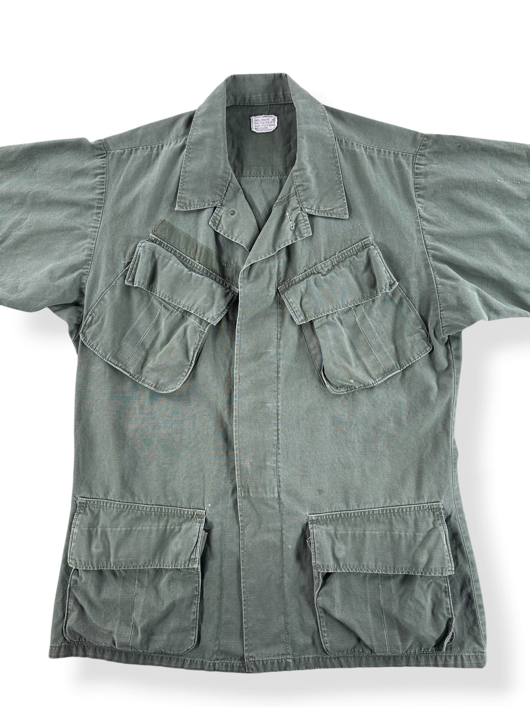 Front Close Up of Vintage Vietnam Era Rip Stop OG107 Short Sleeve Shirt SZ S