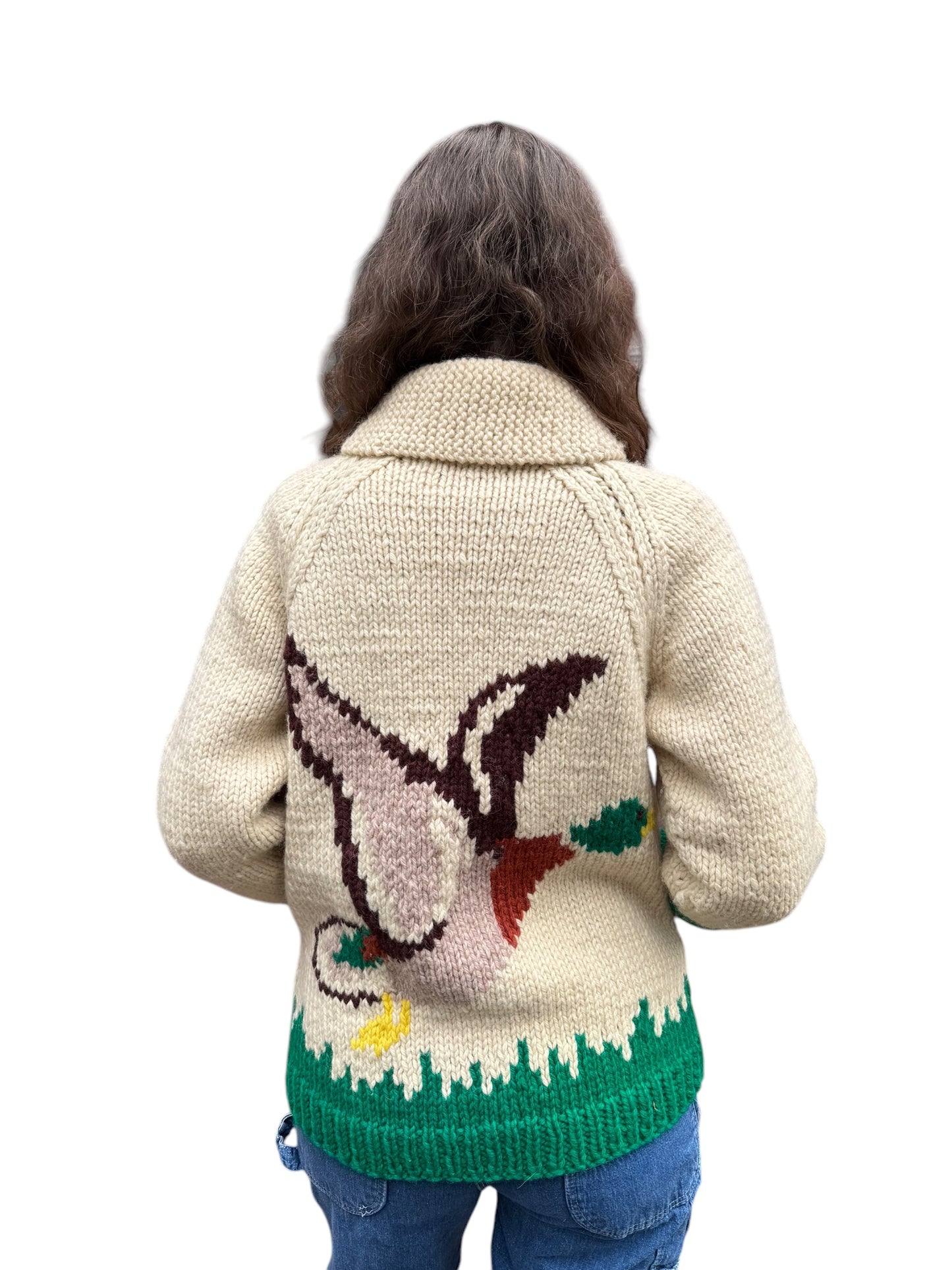 Back model view of Vintage Duck Themed Cowichan Style Sweater SZ M