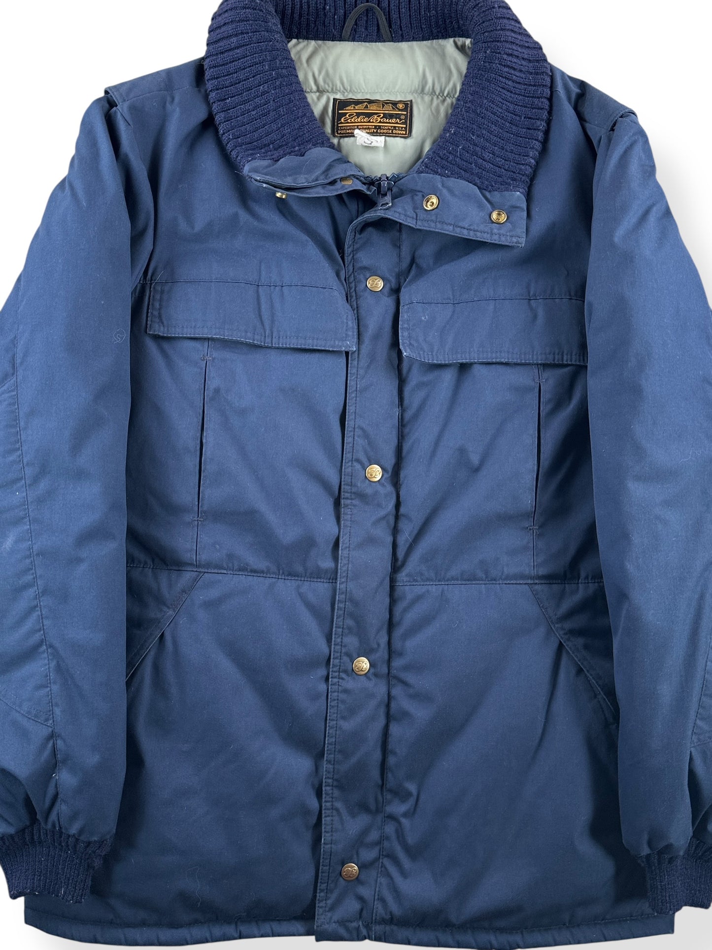 Front Close Up of Vintage Navy Blue Eddie Bauer Down Coat SZ L