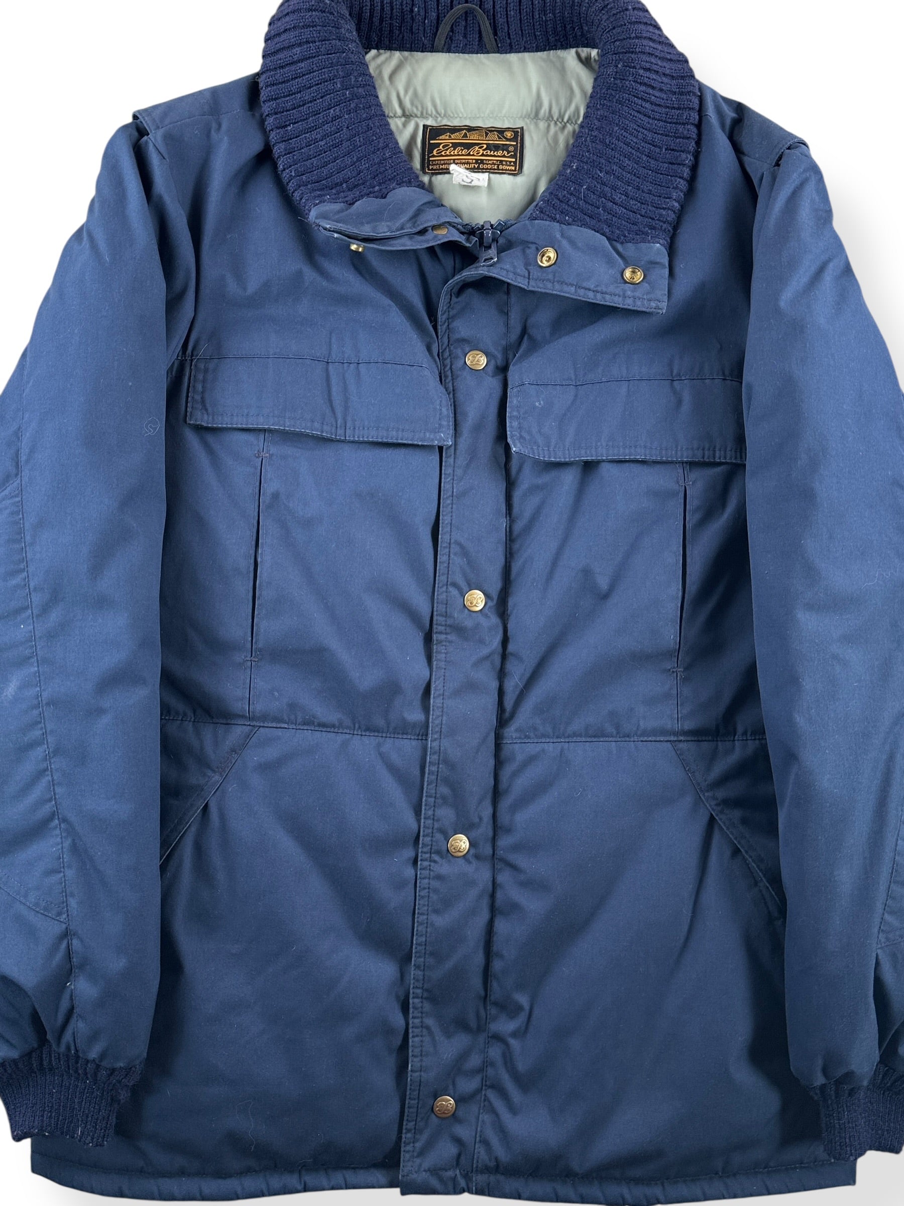 Front Close Up of Vintage Navy Blue Eddie Bauer Down Coat SZ L