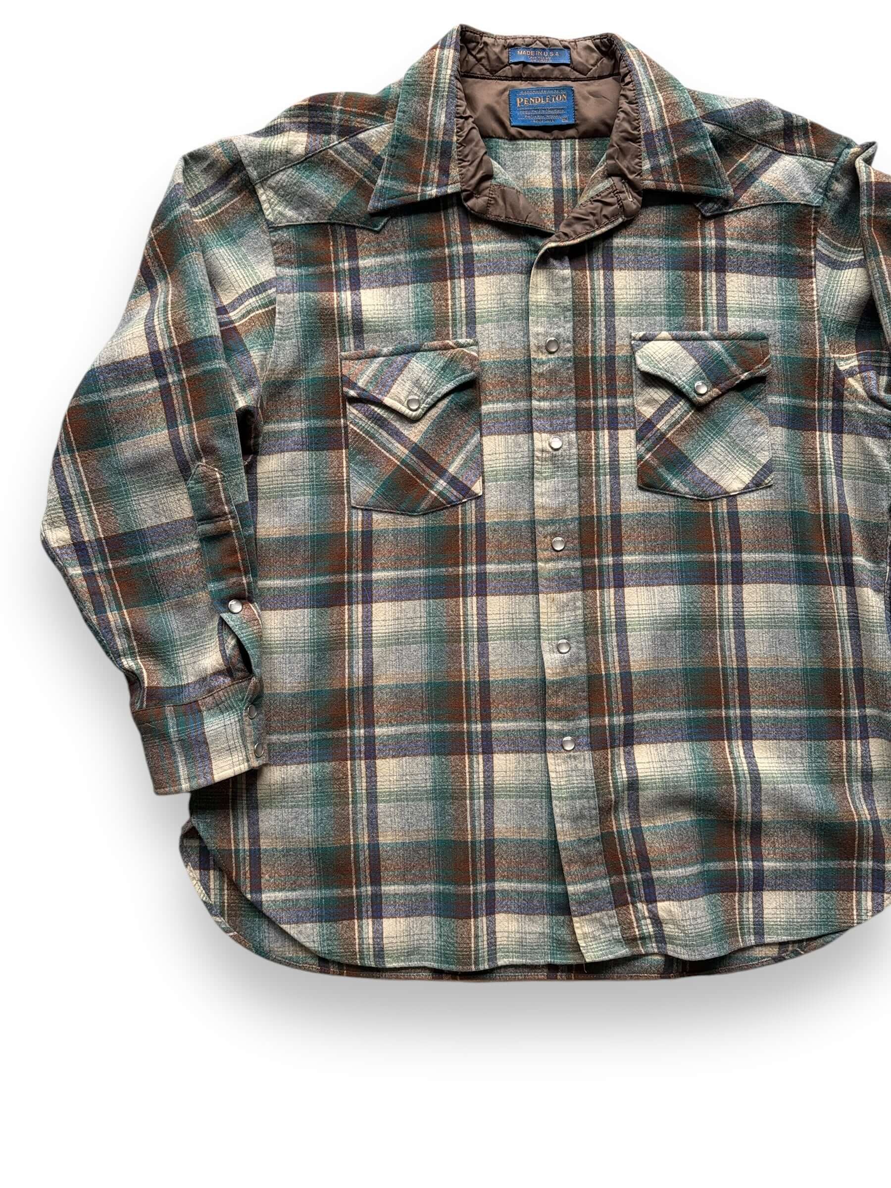 front right of Vintage Pendleton Green/Brown Plaid Pearlsnap Flannel SZ XL