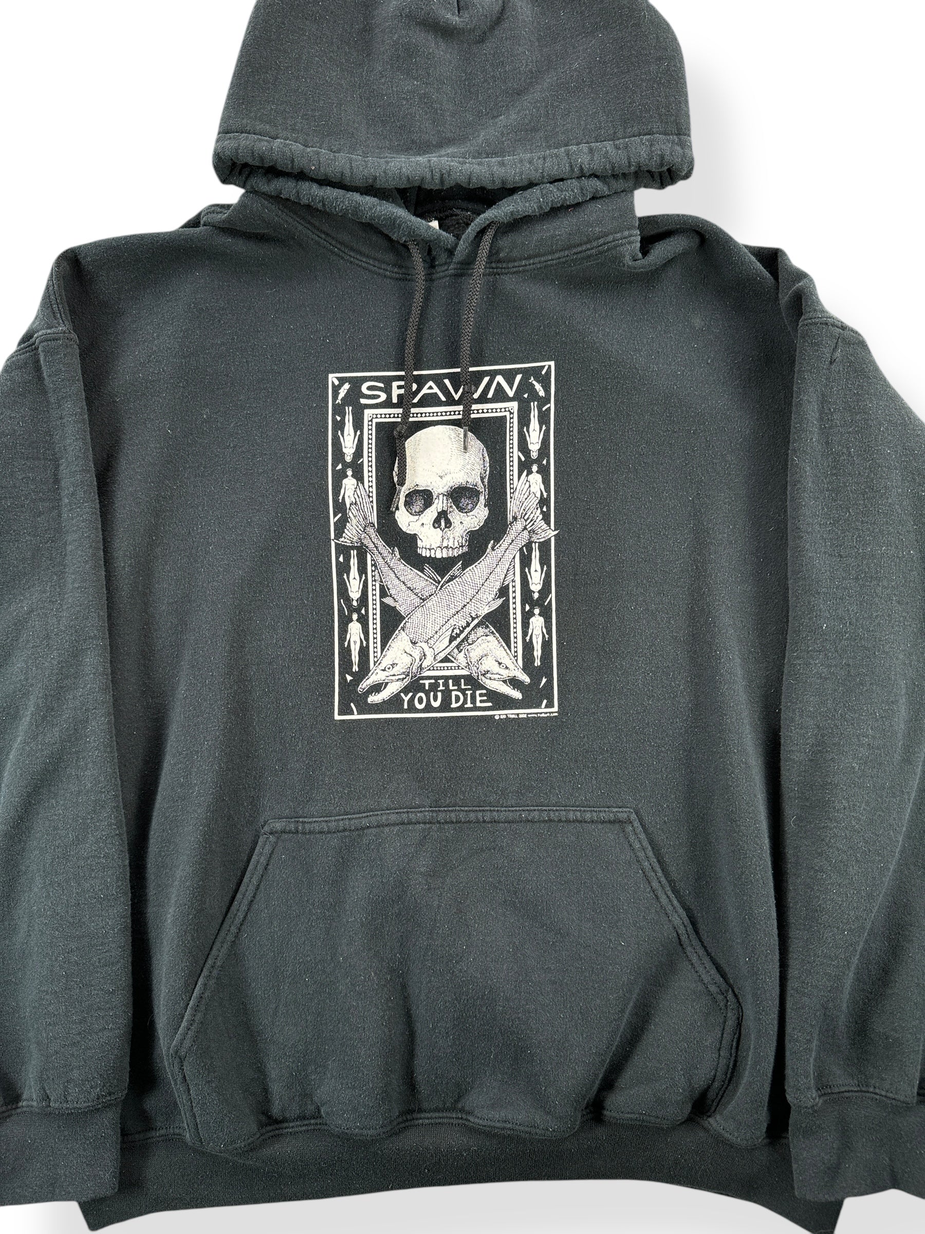 Front Close Up of Vintage Spawn Til You Die Ray Troll Hoodie SZ XL