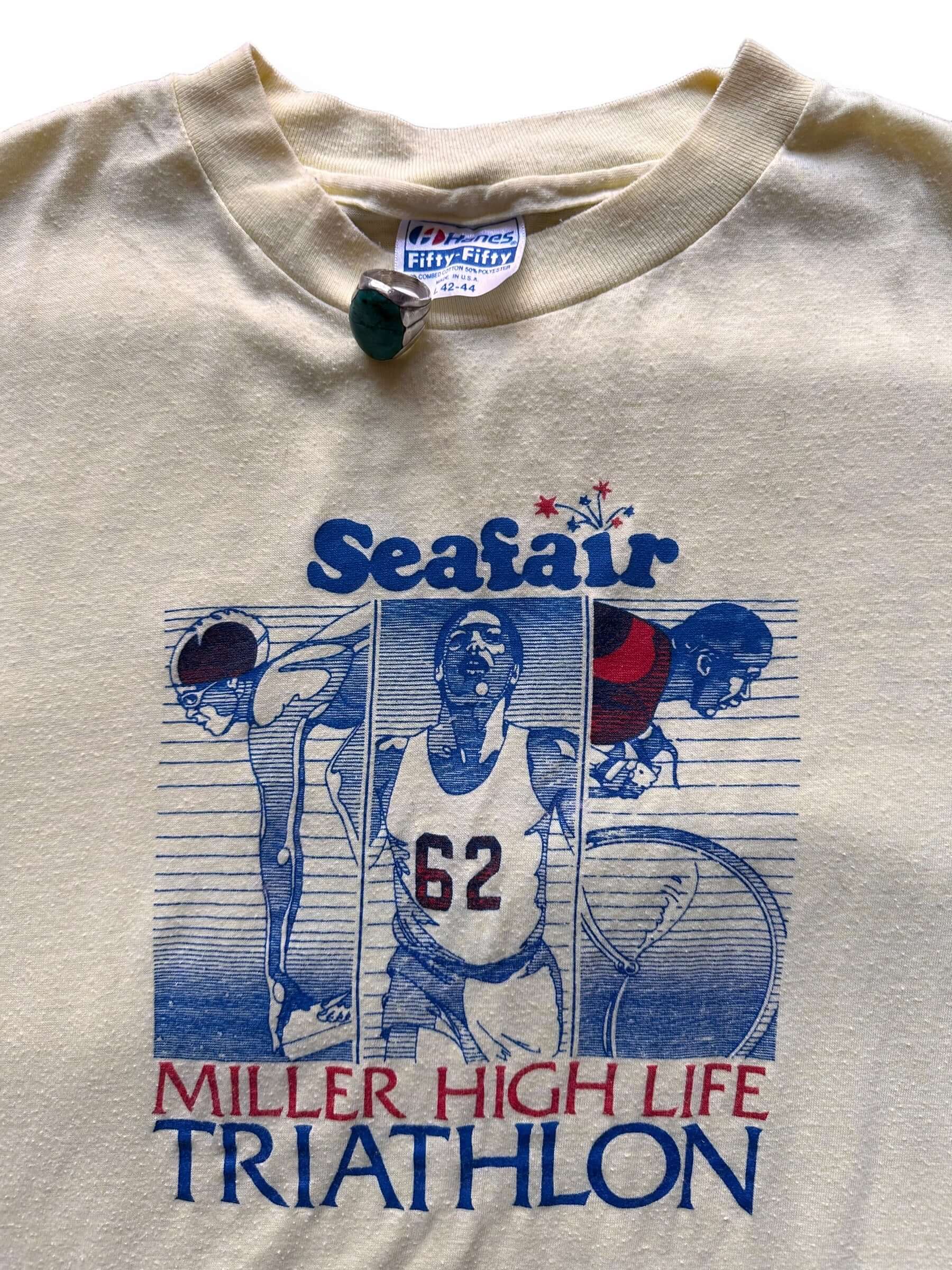 front close up of Vintage Seafair Miller Highlife Triathlon Tee SZ M