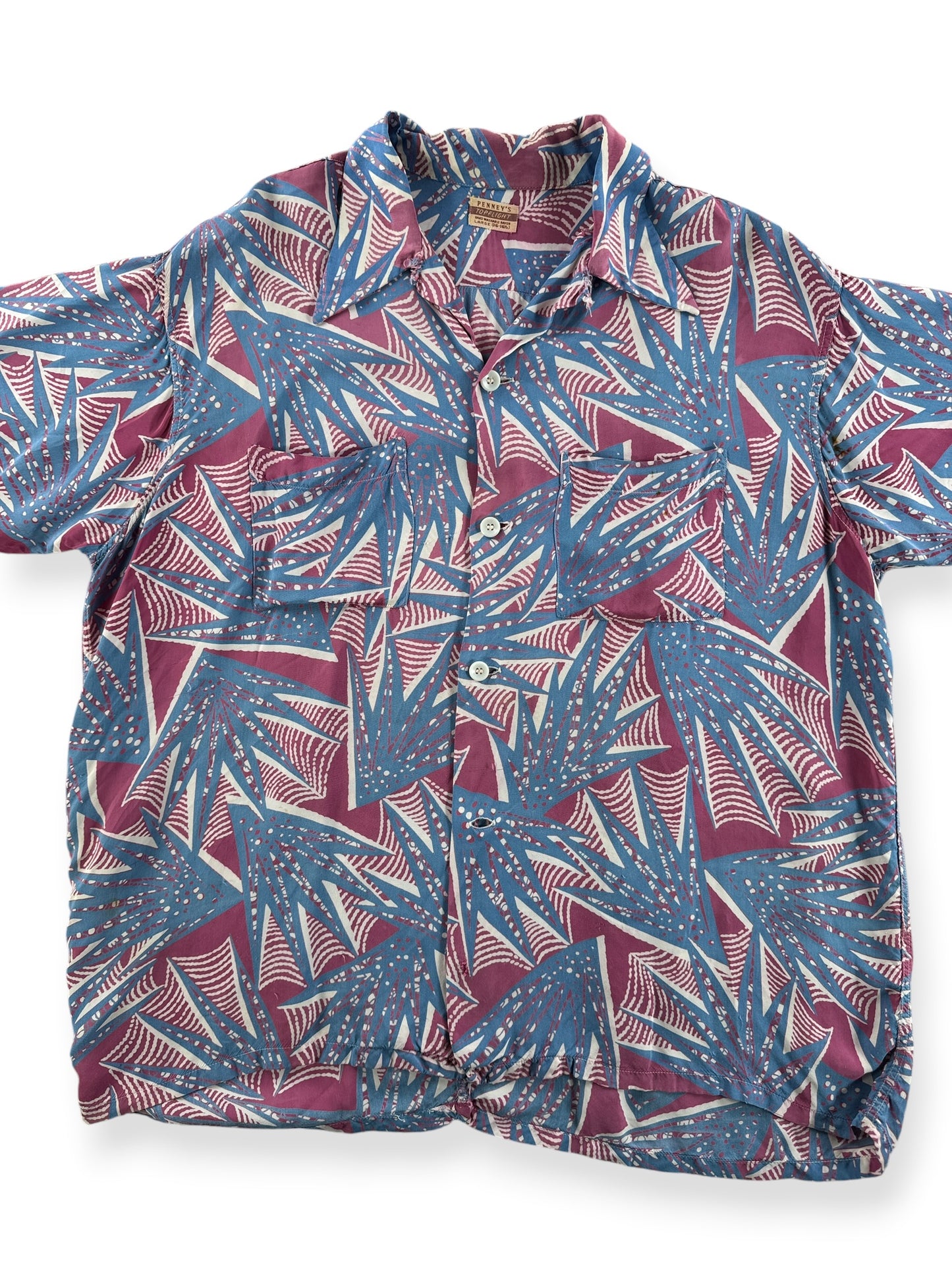 Front Close Up of Vintage Penney's Top Flight Abstract Patterned Aloha Shirt SZ L - AS IS
