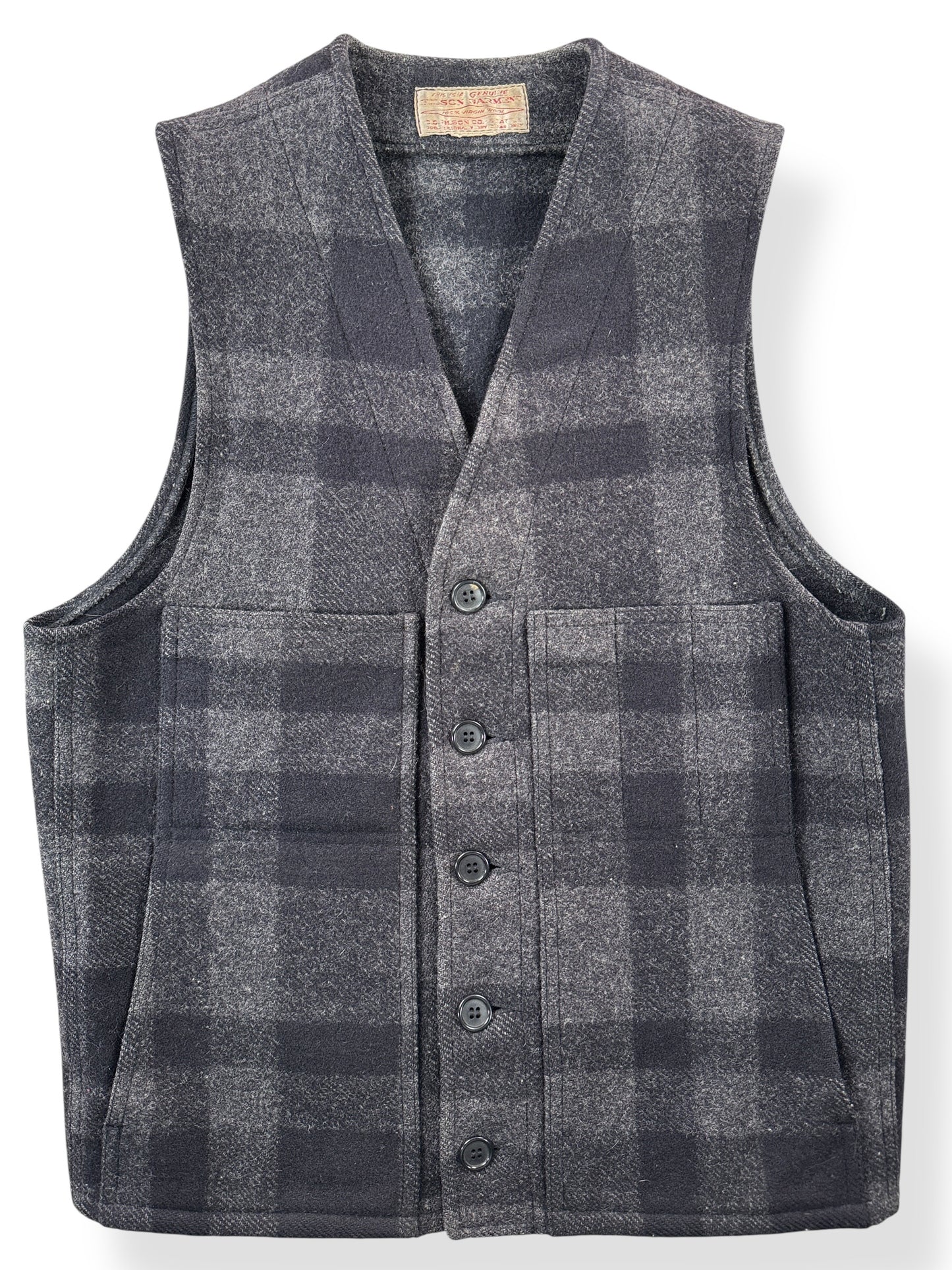 Front Close Up of Vintage Charcoal Plaid Filson Vest SZ S