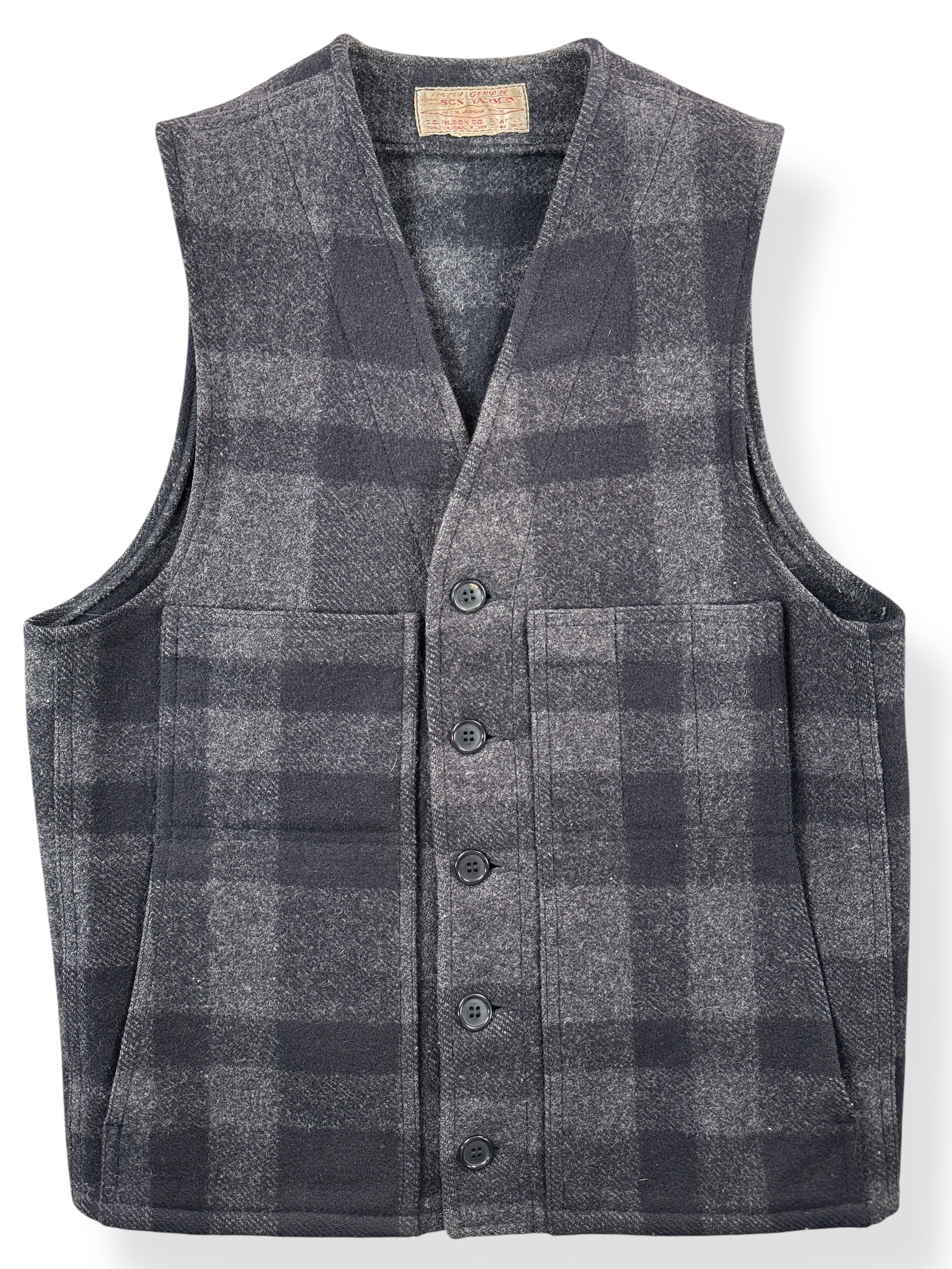 Front Close Up of Vintage Charcoal Plaid Filson Vest SZ S