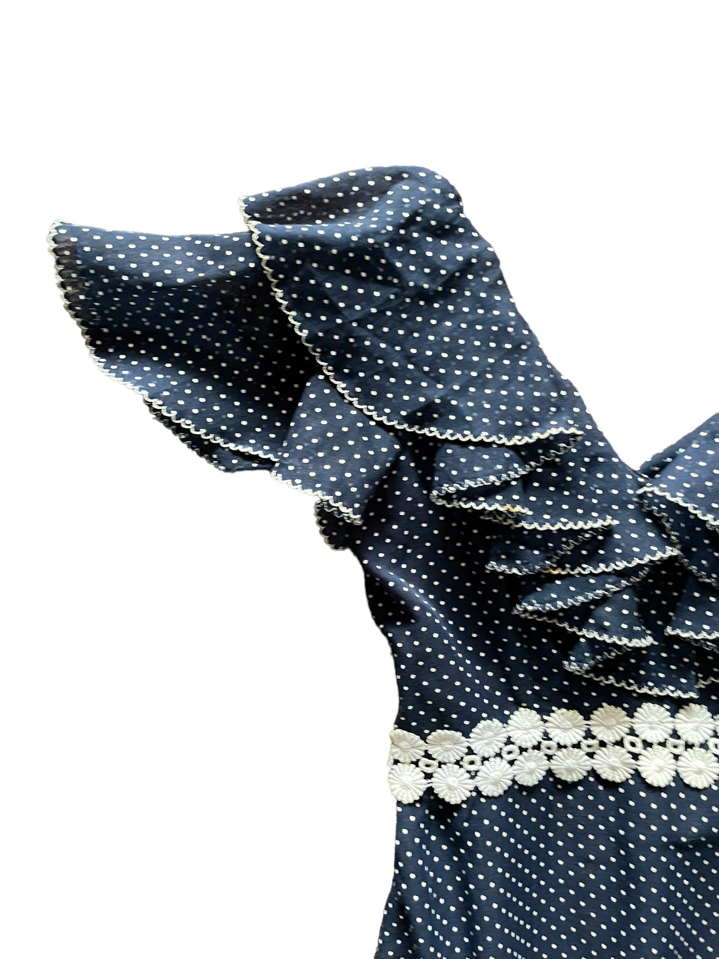 Right shoulder view of Vintage 1970s Navy Blue Swiss Dot Maxi Dress SZ S |  Barn Owl Vintage Dresses | Seattle True Vintage