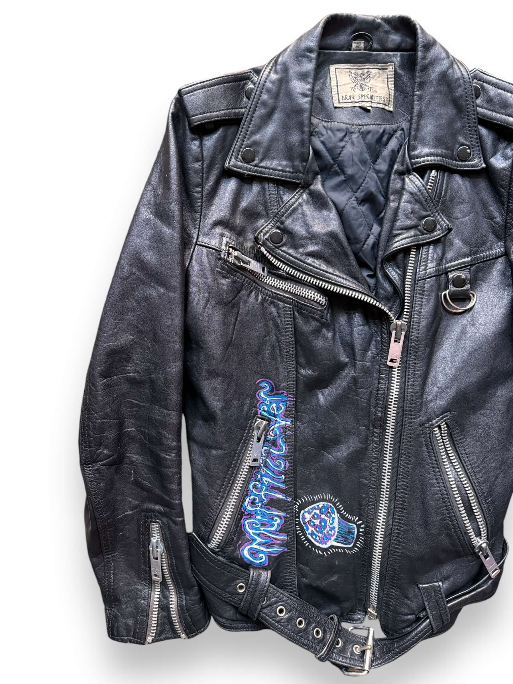 Front Right View of Vintage Handpainted Fugazi Leather Jacket SZ S