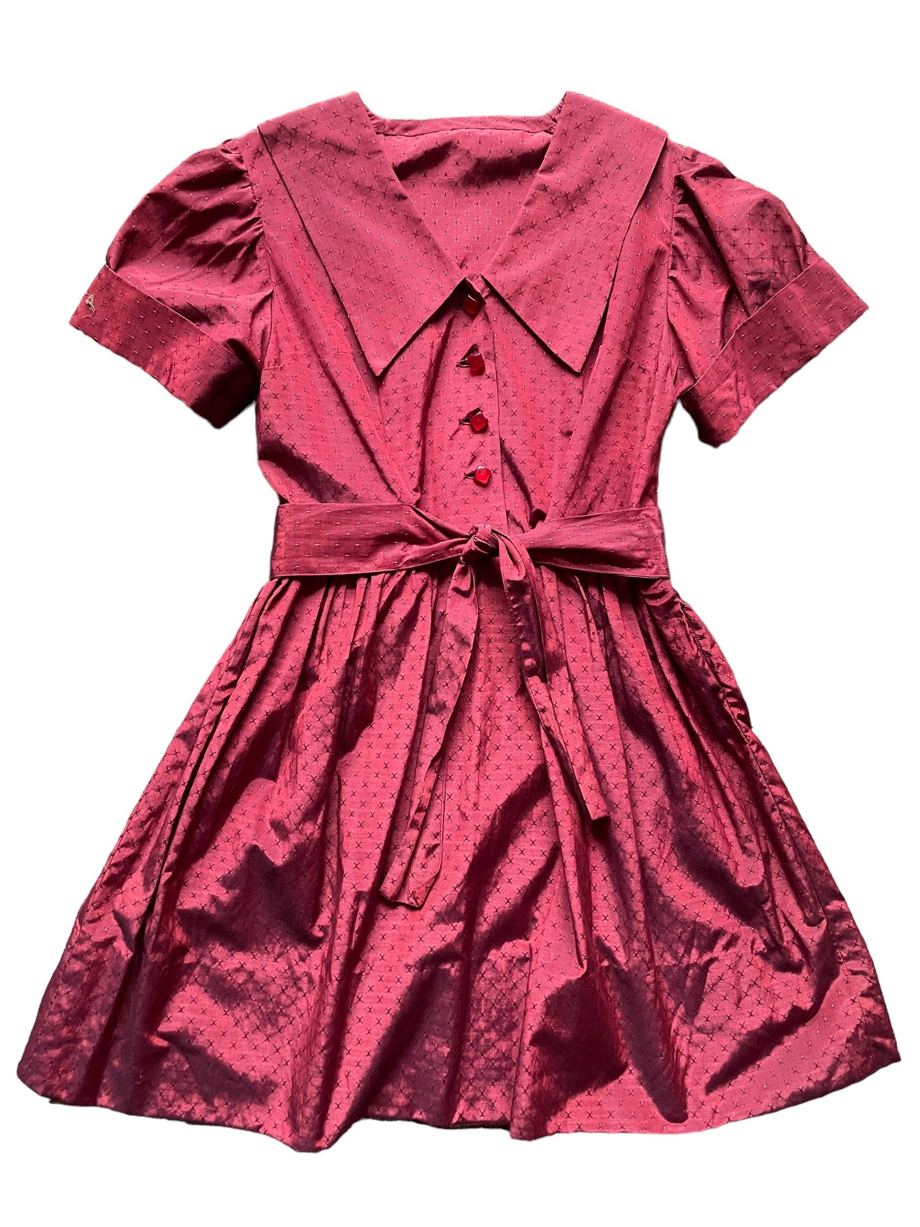 Full front view of Vintage 1950s Handmade Red Satin Dress  SZ M |  Barn Owl Vintage Dresses | Seattle Ladies Vintage Clothing