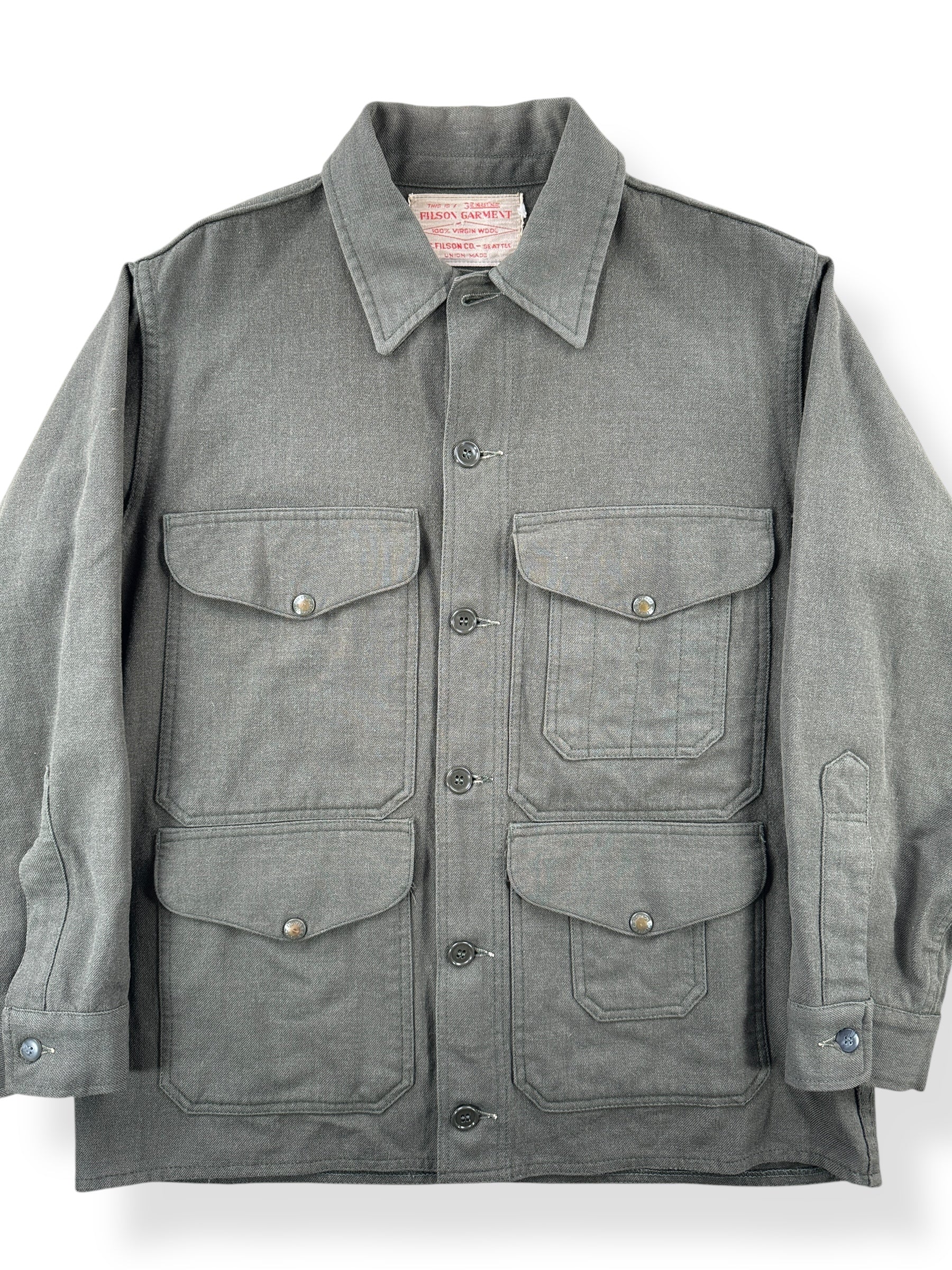 Front Close Up of Vintage Union Made Filson Forestry Cloth Jacket SZ M